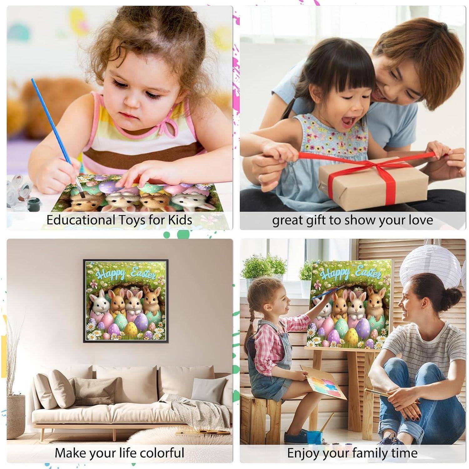 Vierpanel-Werbung zeigt Kinder beim Malen, beim Auspacken eines Geschenks, einen Hasen-Oster-Wanddruck im Wohnzimmer und eine Familie, die Osteraktivitäten genießt.