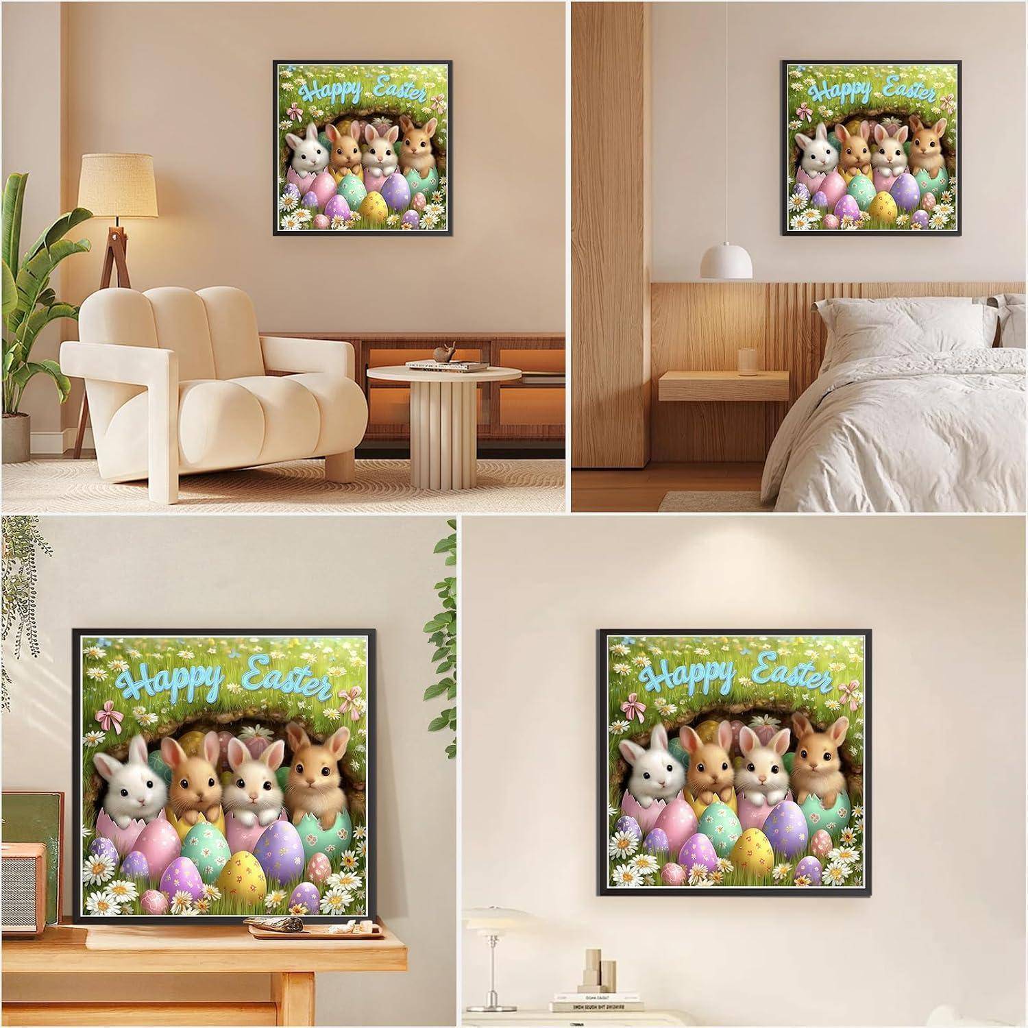 Gerahmte "Frohe Ostern"" Wandkunst mit Hase und Ei in Wohnzimmer-, Schlafzimmer- und Tischaufsteller-Einstellungen.