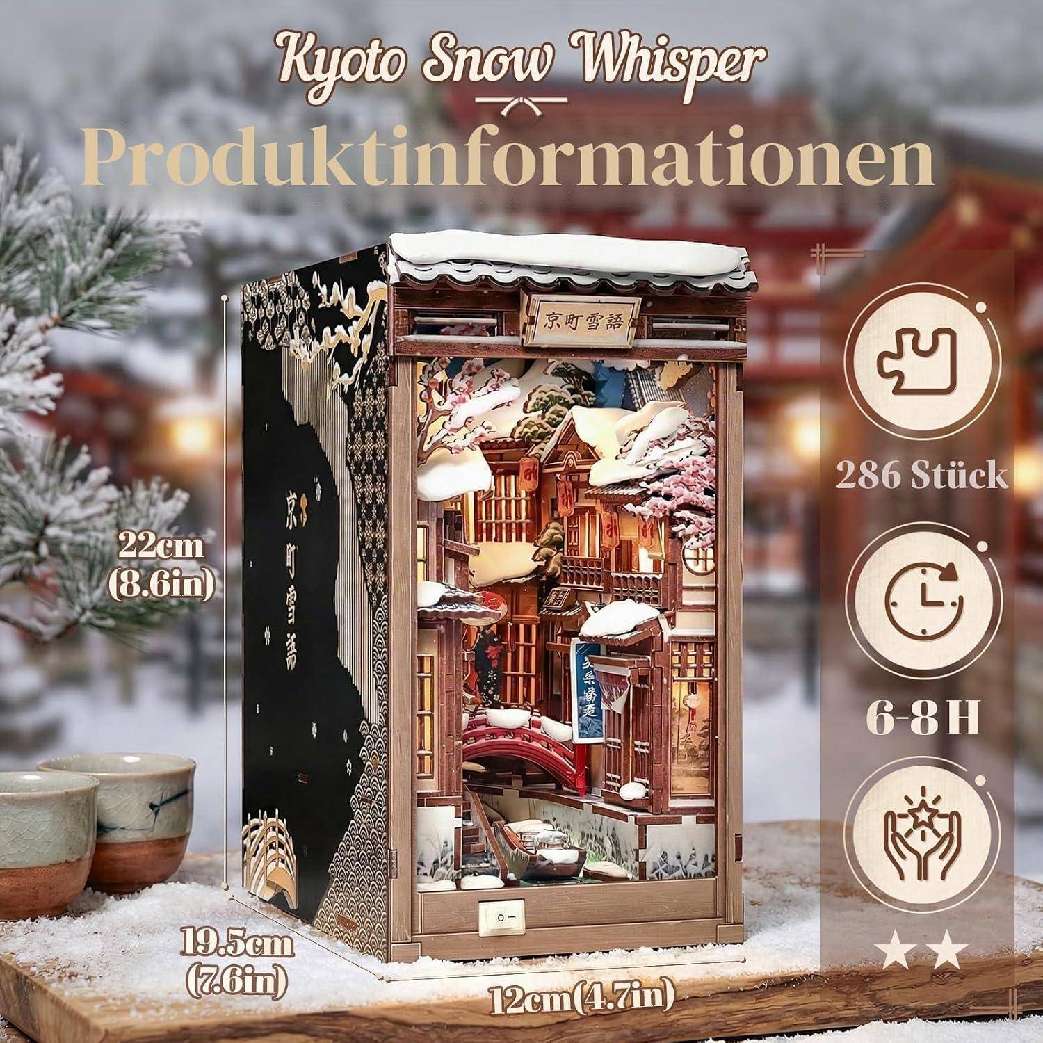 Produktinformation für das Miniaturgebäudemodell „Kyoto Snow Whisper": 286 Teile, 6-8 Stunden Zusammenbau, Größe 22 cm x 19,5 cm x 12 cm.