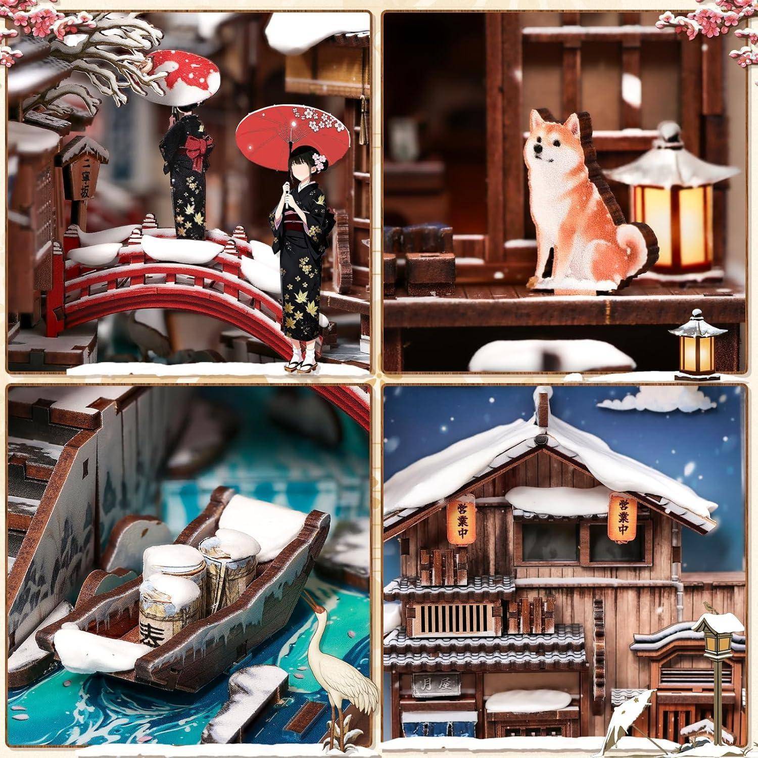 Verschneite Miniaturszenen zeigen ein japanisches Dorf mit einer roten Brücke, Figuren in Kimonos, einer Fuchsstatue, einem Boot mit Töpfen und einem schneebedeckten Holzhaus.