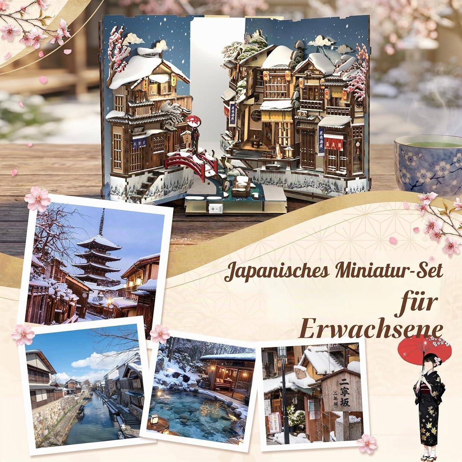 Fsolis Book Nook Kit –Kyoto Snow Whisper Booknook, Japanischer Puppenhaus-Szene, 3D Puzzle Set, Bücherregal-Dekor, Geschenk für Erwachsene