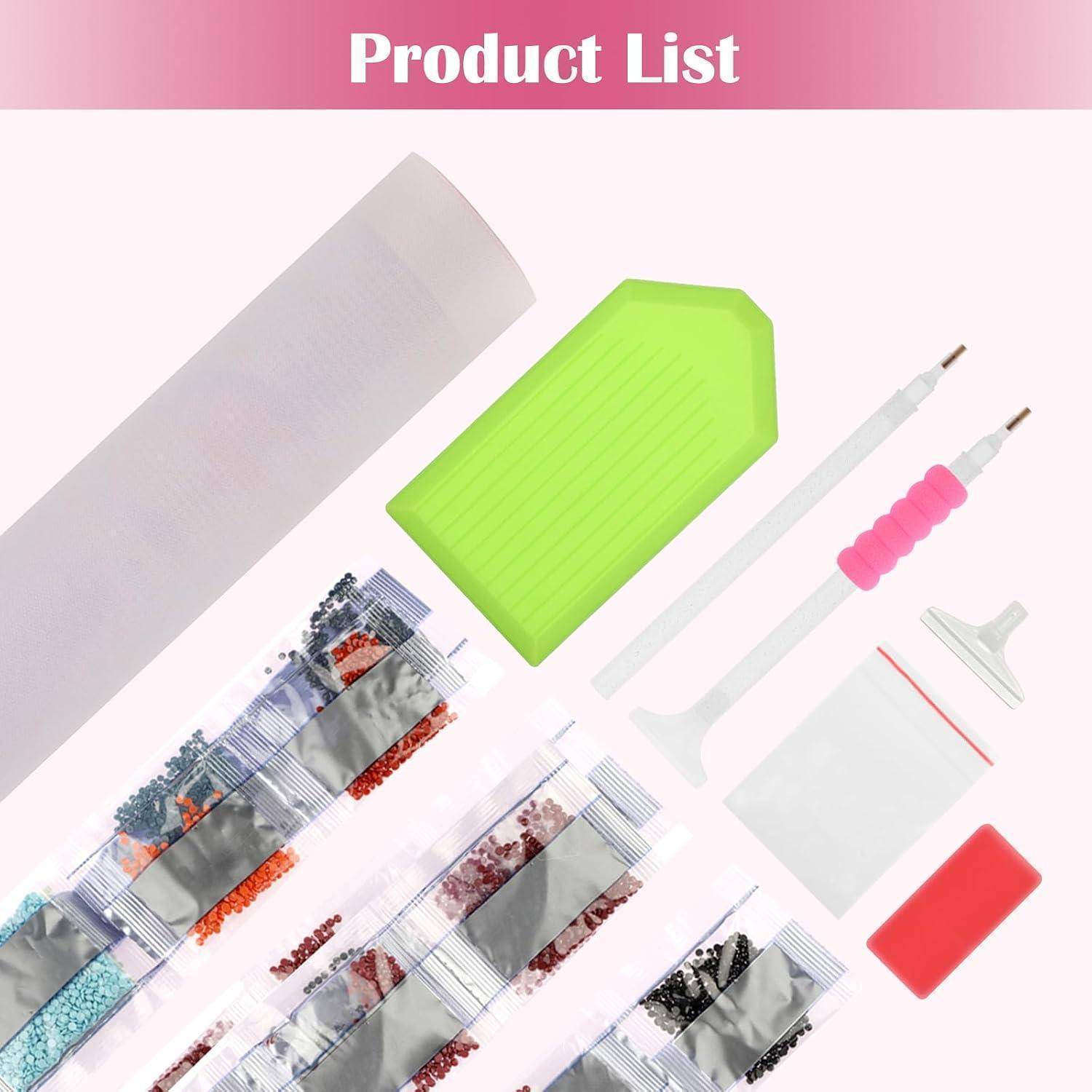 Produktliste mit Diamantmalerei-Werkzeugen und Zubehör: Lagertubussen, ein grünes Tablett, Applikationsstifte, Beutelclips und wiederversiegelbare Säckchen mit farbigen Perlen.