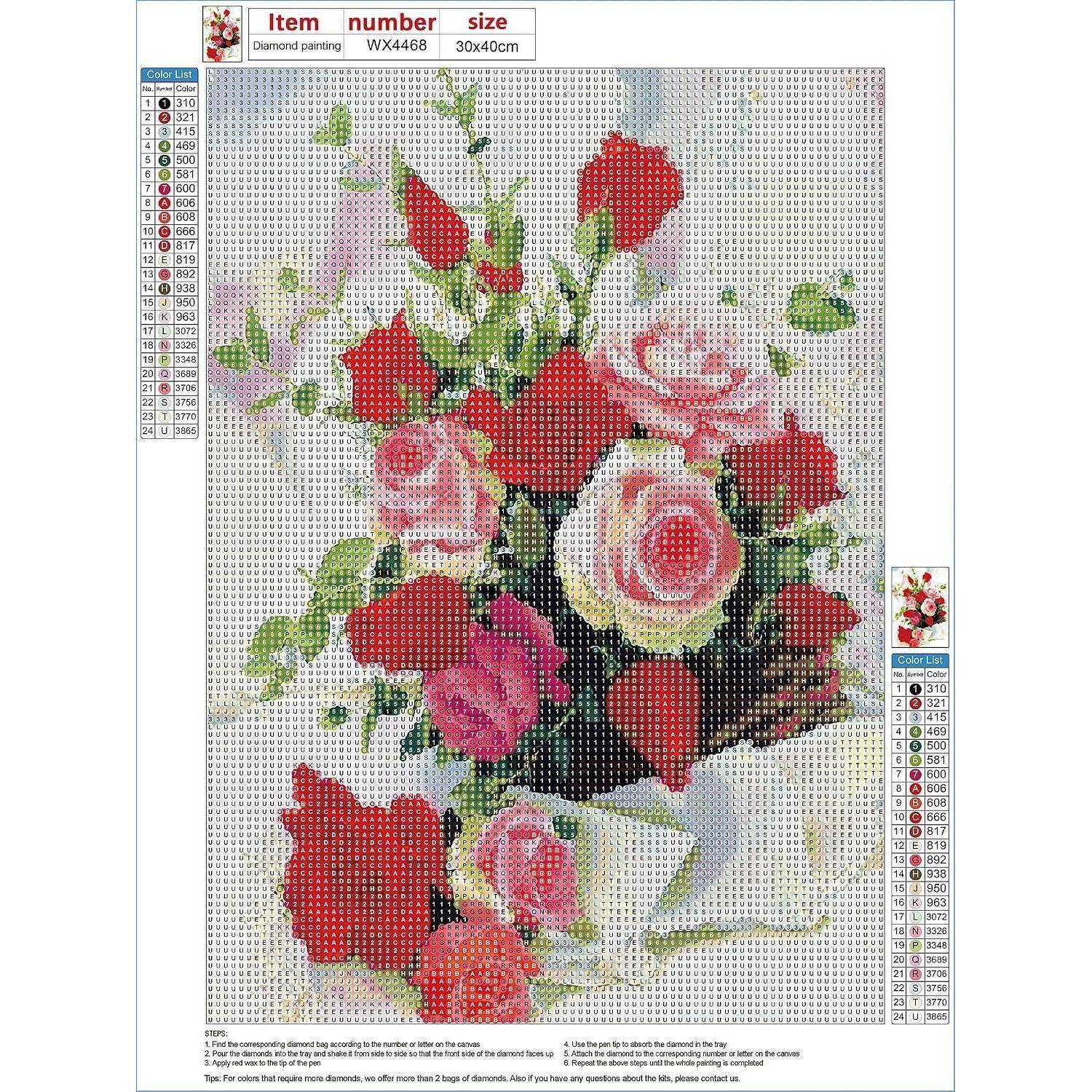 Diamantmalerei-Muster eines Straußes aus roten und rosa Rosen mit grünen Blättern; die Kopfzeile zeigt die Artikelnummer WX4468 und die Größe 30x40cm.