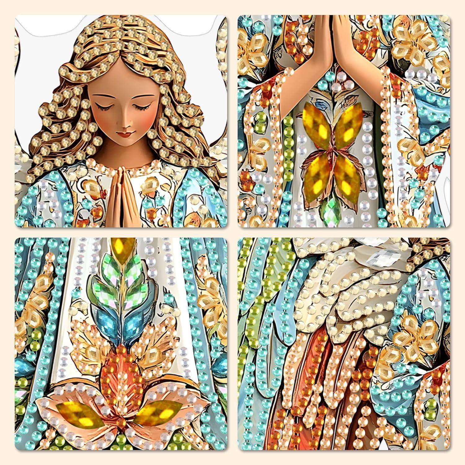 Viergeteilte geschmückte Illustration einer betenden Frau mit geflochtenen Haaren, Nahaufnahmen ihrer verschränkten Hände und ihres Gewandes mit Blumenmuster in Türkis, Gold und Orange.