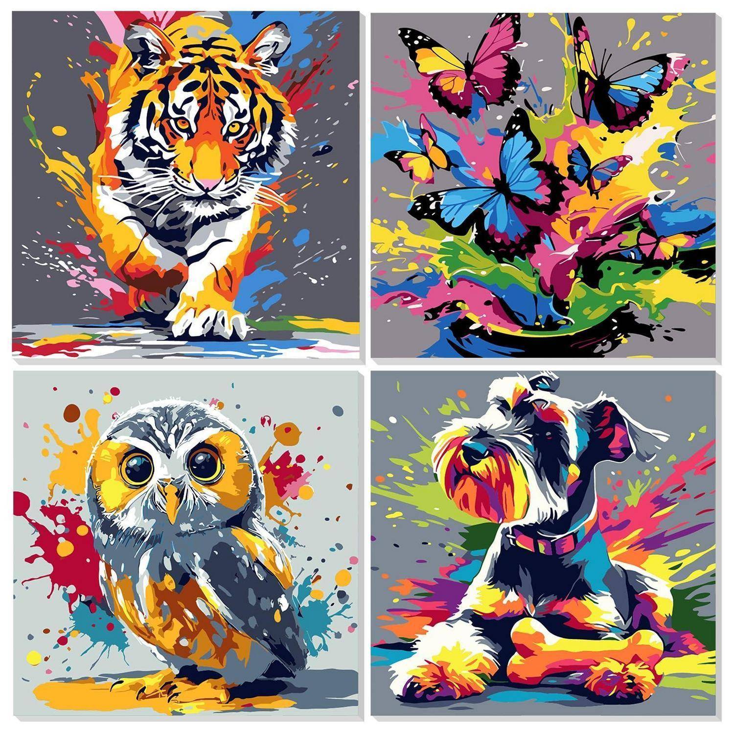 Vier farbenfrohe Pop-Art-Tierillustrationen in einem 2x2-Raster: Tiger, Schmetterlinge, Eule und Hund, jeweils auf grauem Hintergrund mit Farbspritzern.