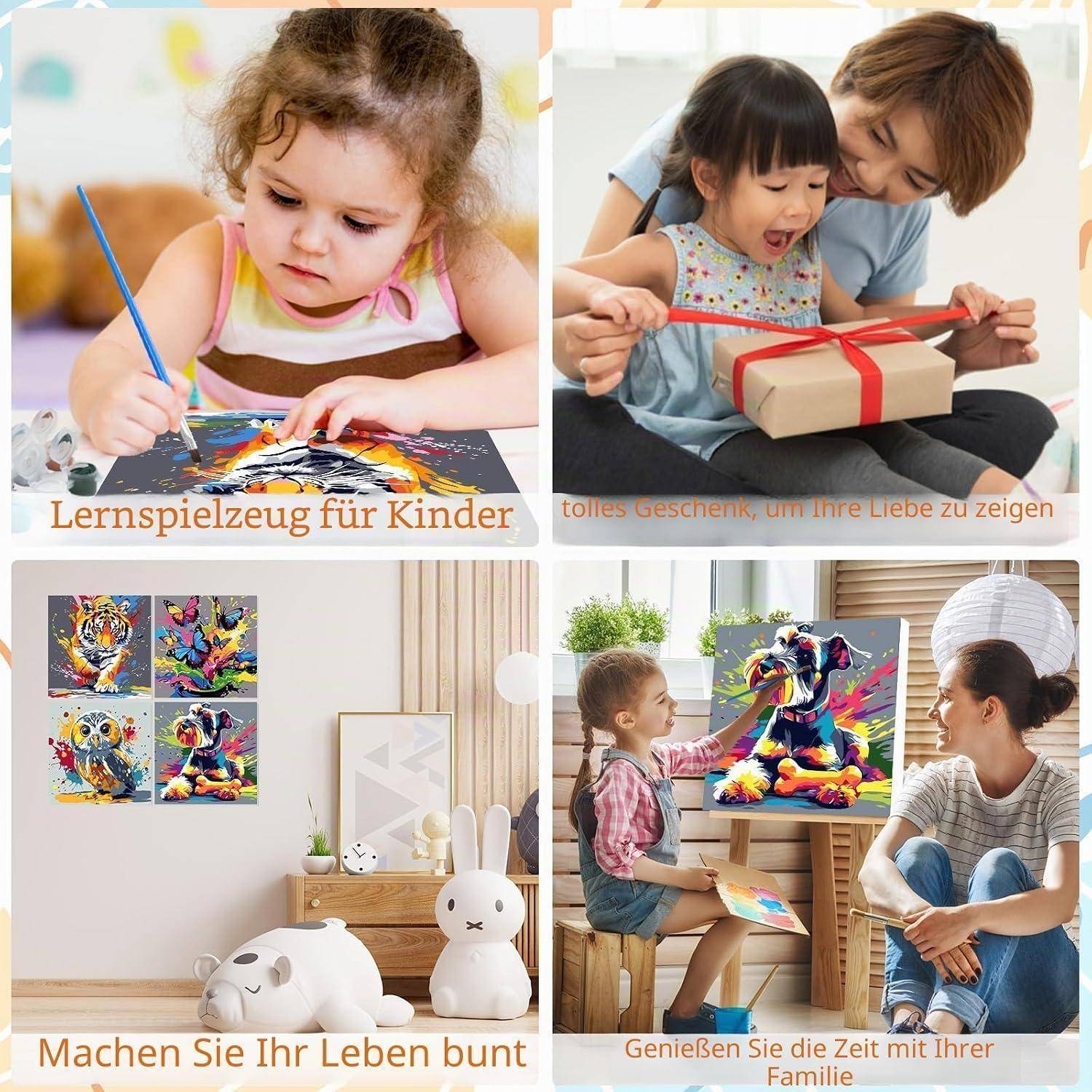 Collage von Kindern, die farbenfrohe Kunstwerke erschaffen und ein Geschenk auspacken, mit verspielter bemalter Tierraumdekoration und Familien-Kunstzeit-Szenen.