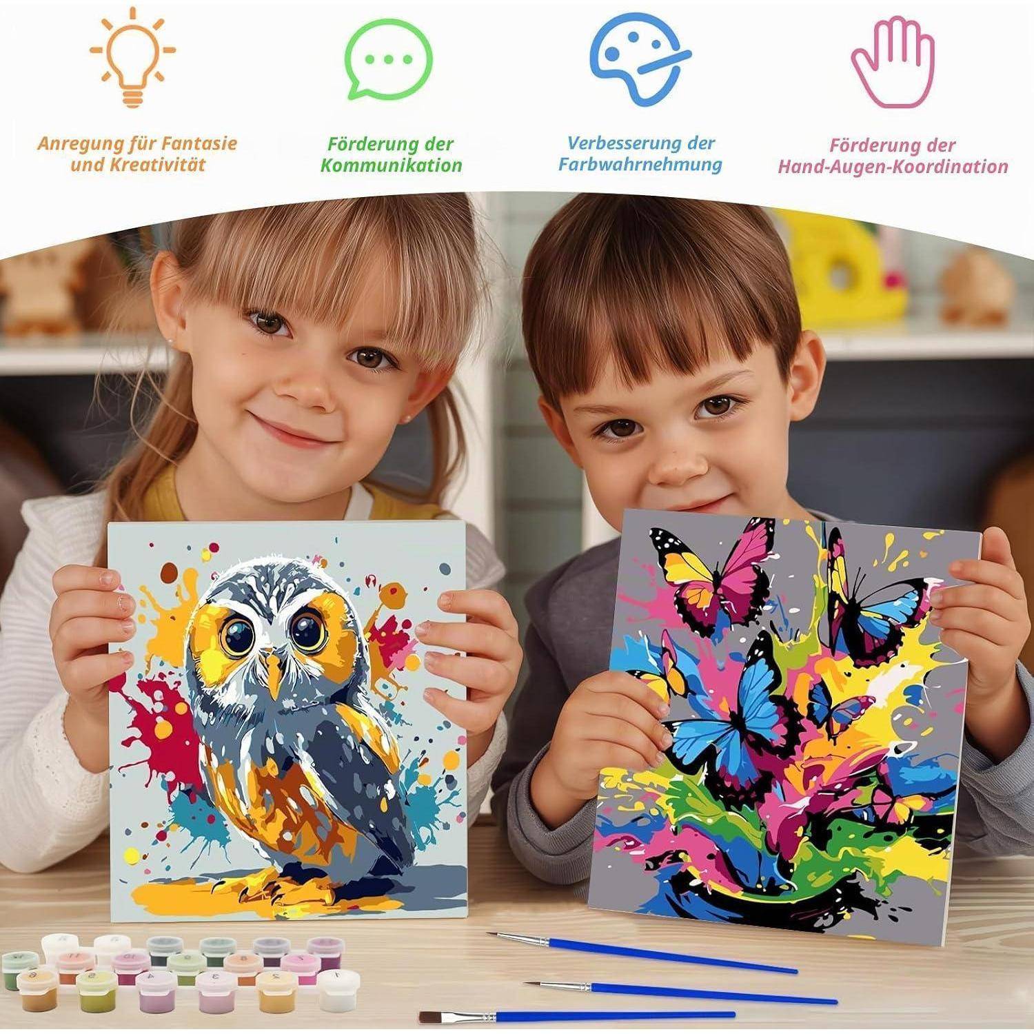 Zwei Kinder halten bunte Malen-nach-Zahlen-Kunstwerke, eine Eule und Schmetterlinge, mit deutschem Text, der Kreativität, Kommunikation, Farbwahrnehmung und Hand-Auge-Koordination hervorhebt.