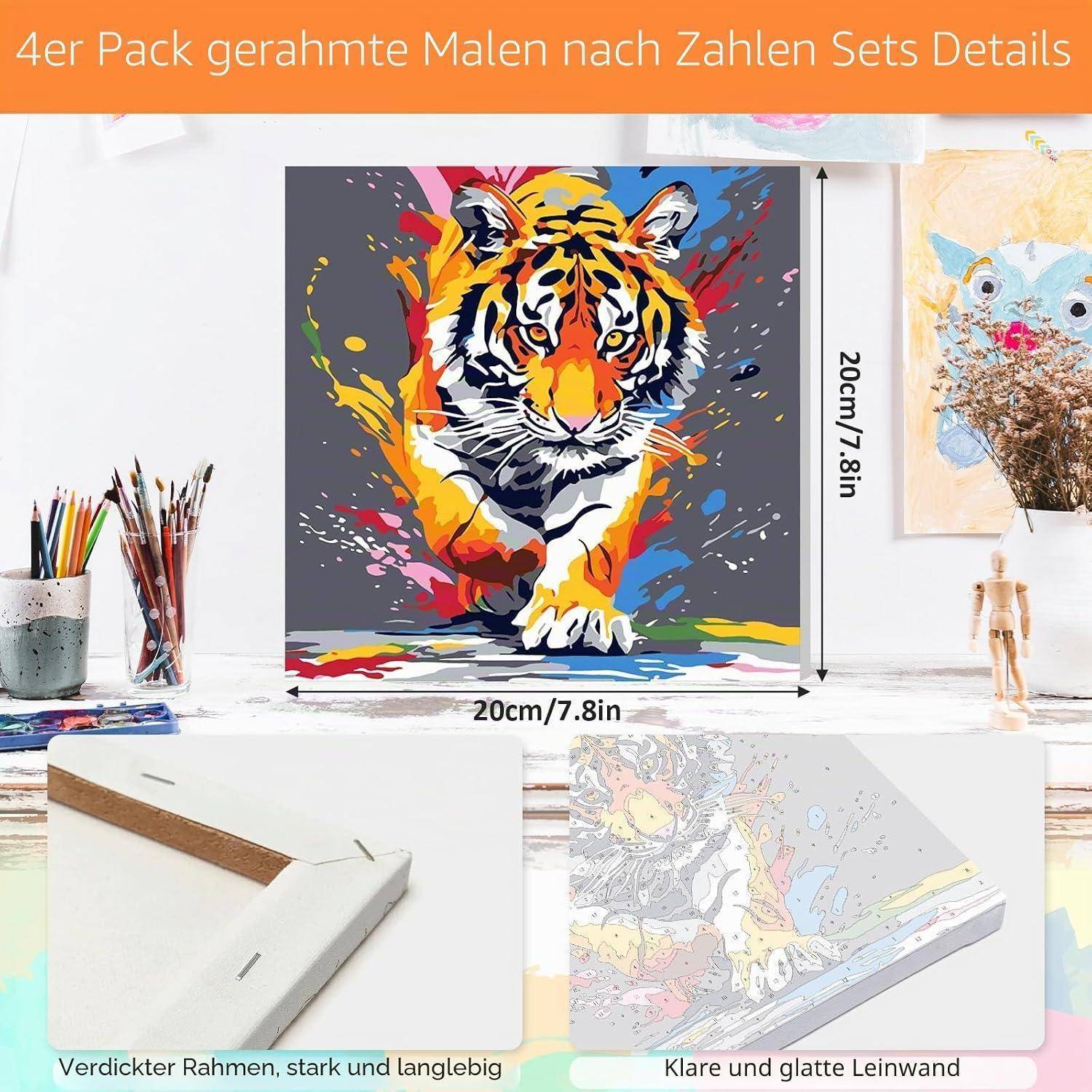 Werbebild eines 4er-Set-Malbuch-Leinwand-Sets mit einem farbenfrohen Tigerporträt, 20 cm x 20 cm, mit Nahaufnahmen des gespannten Rahmens und der glatten Leinwand.