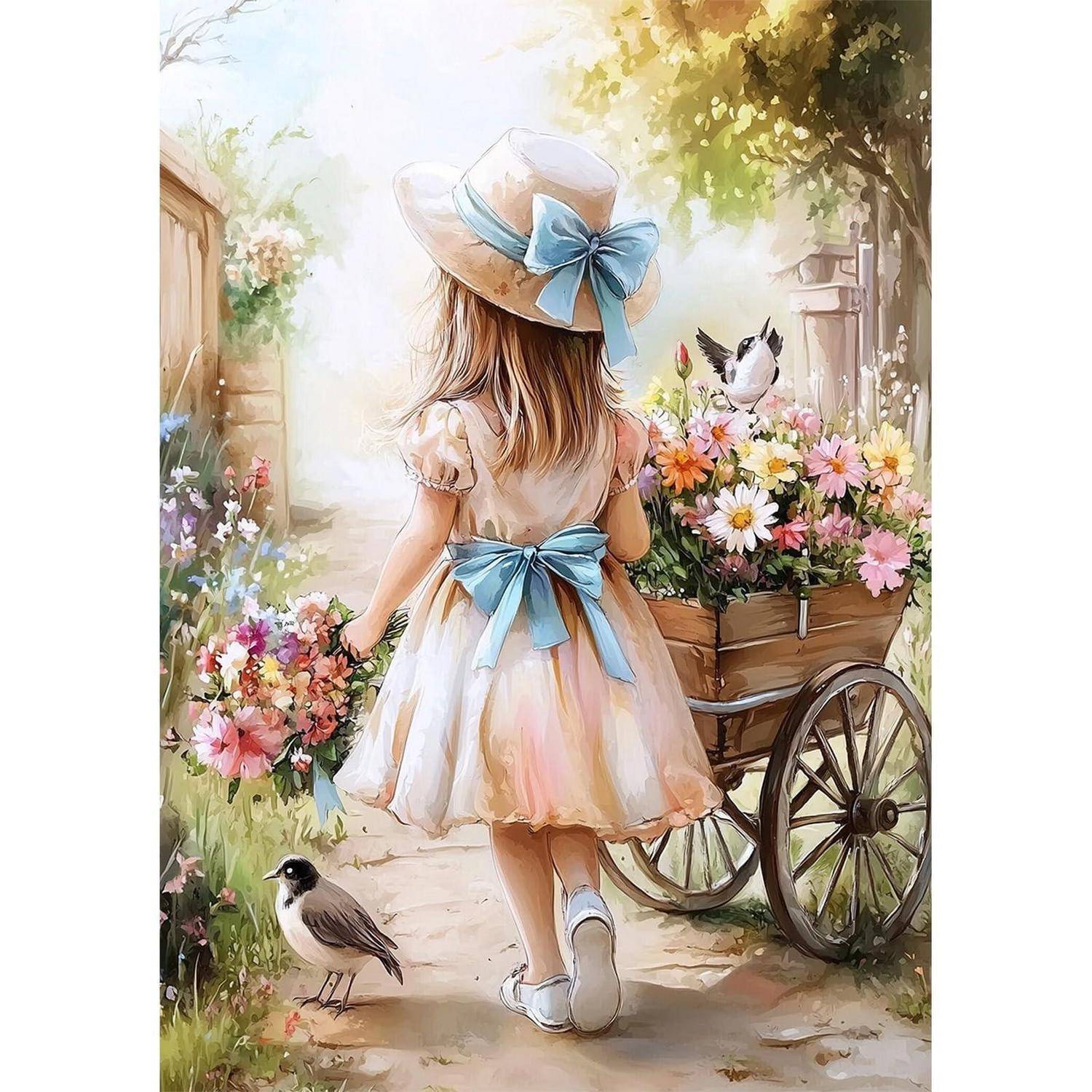 Gemälde eines jungen Mädchens in einem Hut mit blauen Schleifen, das einen Gartenweg entlang neben einem blumenbeladenen Wagen und Vögeln spaziert.