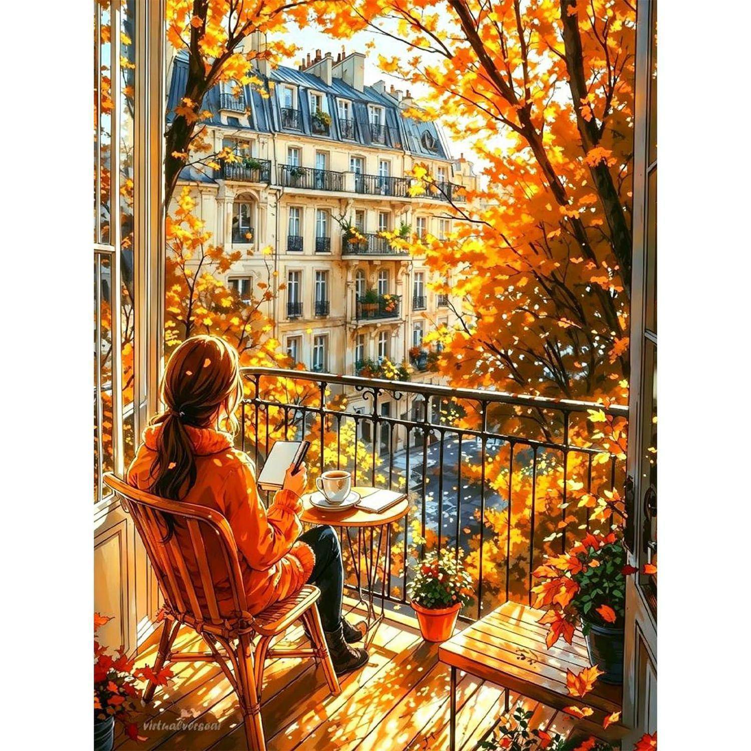 Eine Person in Orange sitzt auf einem Balkon mit einem Tablet und Kaffee und blickt auf eine Pariser Straße hinunter, die von leuchtenden Herbstblättern eingerahmt ist.