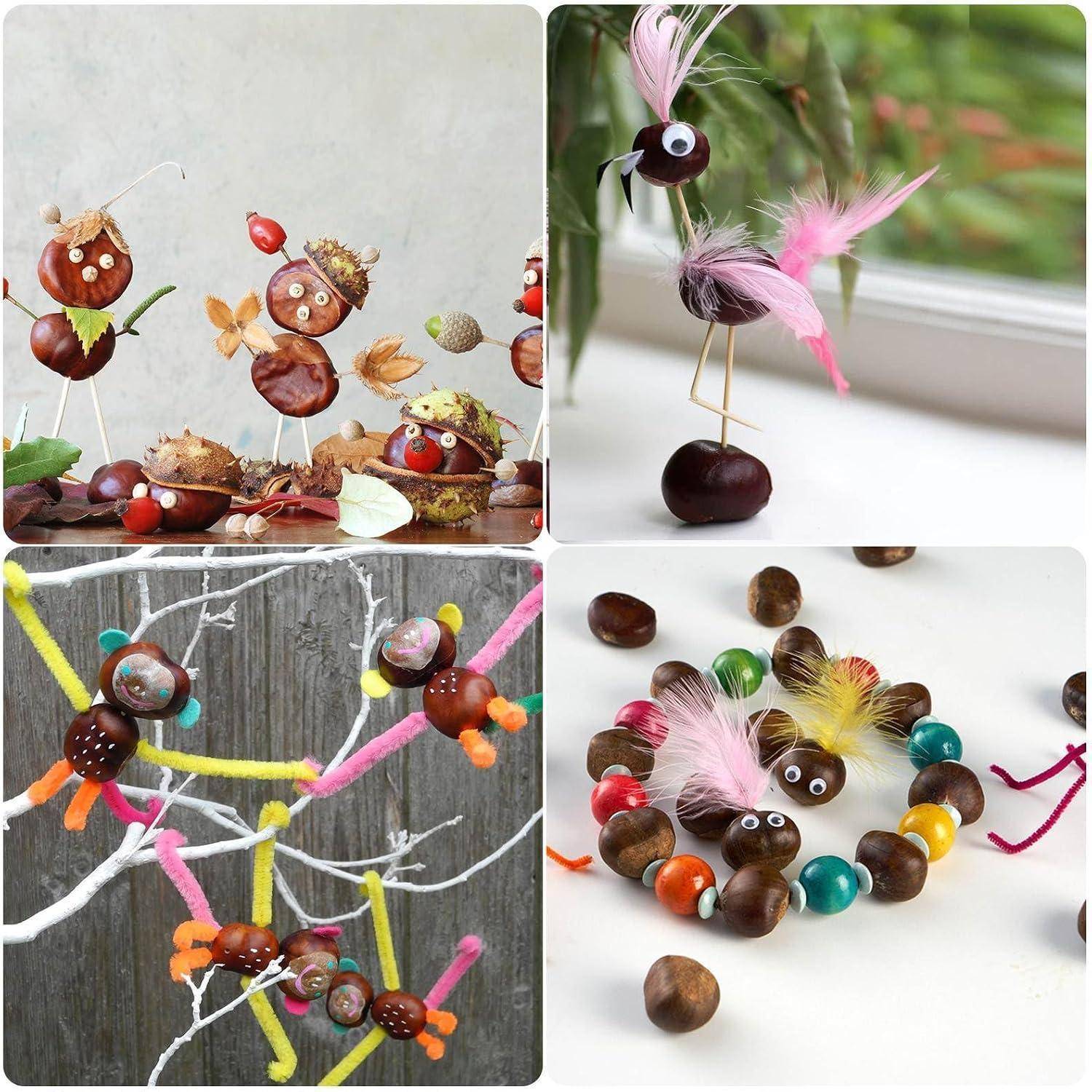 Collage aus vier Fotos, die Handwerksfiguren aus Kastanien und Eicheln mit Wackelaugen, Drahtbeinen, Federn und buntem Garn zeigen.
