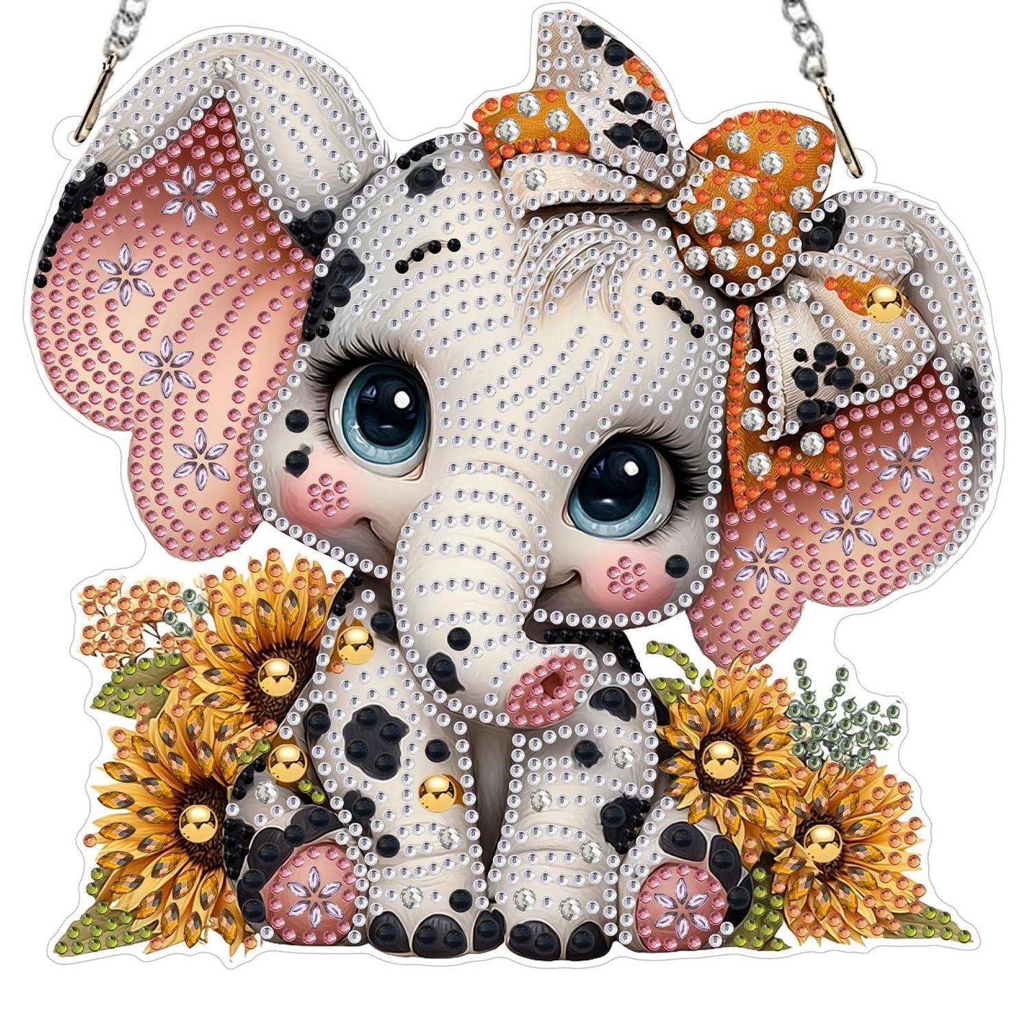 Süßer cartoon-Baby-Elefant mit blauen Augen und einer Blumenschleife, verziert mit Rhinesteinenen und umgeben von Blumen.