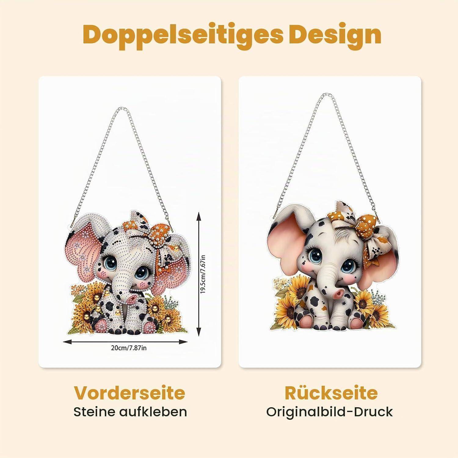 Produktbild zeigt eine umkehrbare Elefanten-Wandbehang: Vorderseite zum Aufkleben von Steinen, Rückseite mit originalem bedrucktem Bild.
