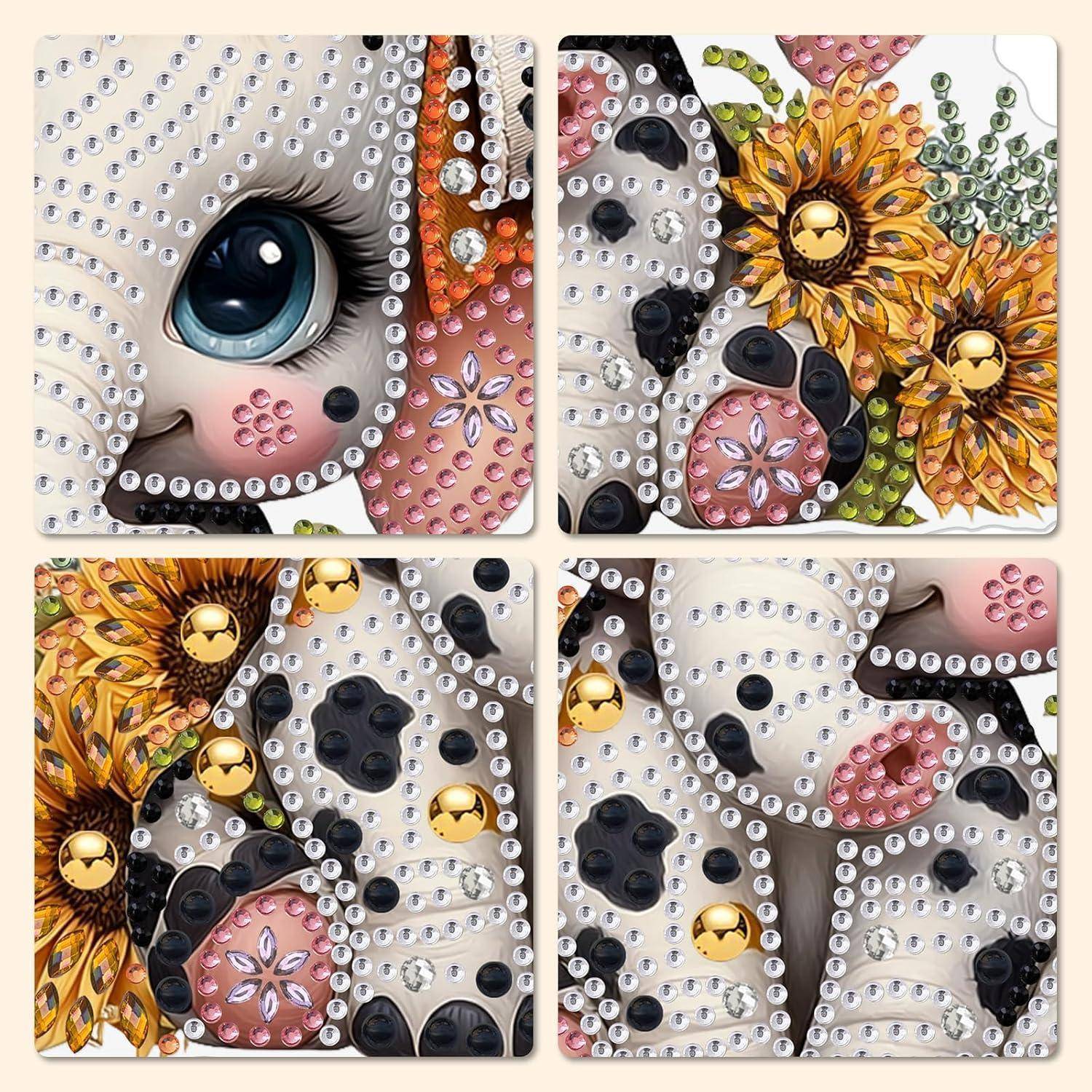 Collage von Diamond-Painting-Feldern mit einem weißen Hund, mit Sonnenblumen- und Pfotendruck-Designs in Nahaufnahme.