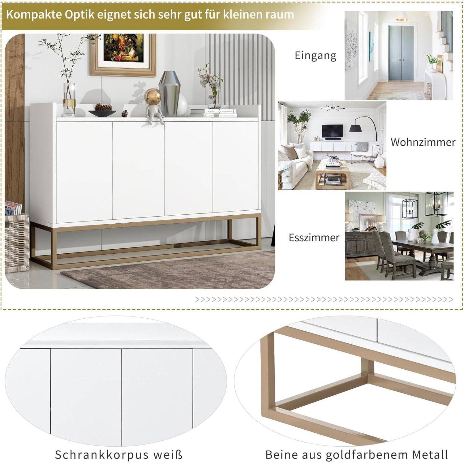 Innendesign-Collage, die ein kompaktes weißes Sideboard für kleine Räume zeigt, mit Anwendungsbeispielen in Eingangsbereich, Wohnzimmer und Esszimmer; Nahaufnahmen heben den weißen Schrankkörper und die goldenen Metallbeine hervor.