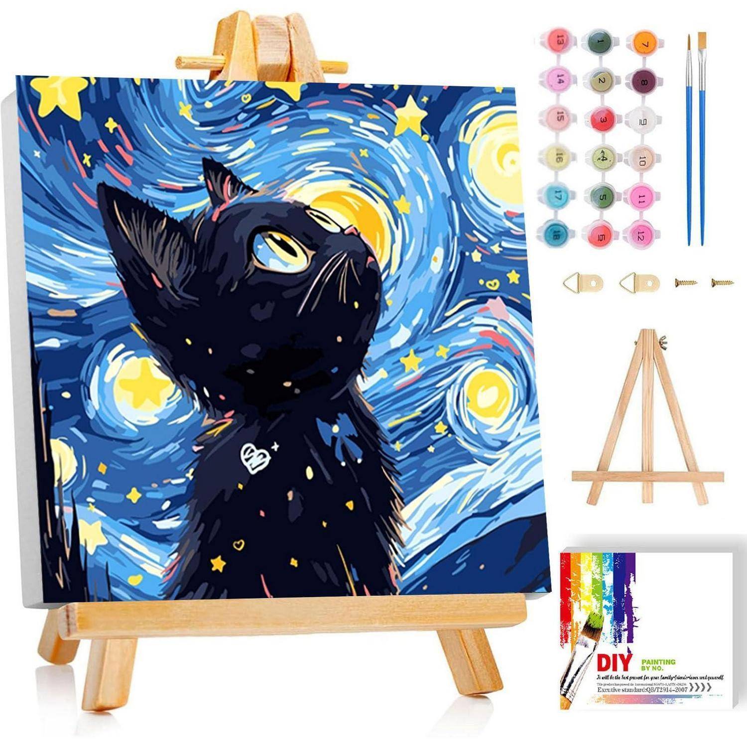 DIY-Malset mit Schwarze-Katze-Motiv vor einem „Sternennacht
