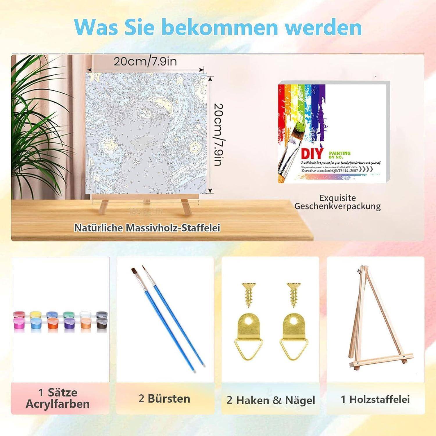 Der Produktinhalt umfasst eine 20 cm Leinwand auf einer Holzstaffelei, eine DIY-Malbox, 1 Set Acrylfarben, 2 Pinsel, 2 Haken und Nägel sowie 1 Holzstaffelei.