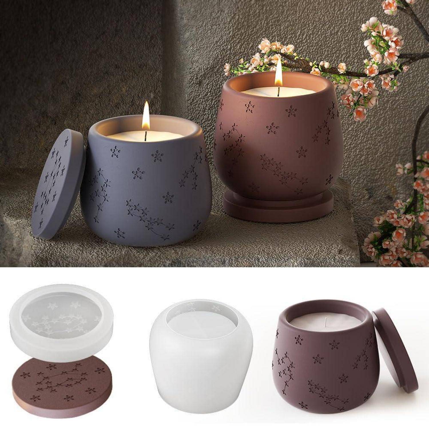 Zwei dekorative duftende Kerzen in Behältern mit Deckel und rundem Design, gezeigt in brennendem und ungebranntem Zustand in Grau und Mauve mit floralen Ausschnitten.