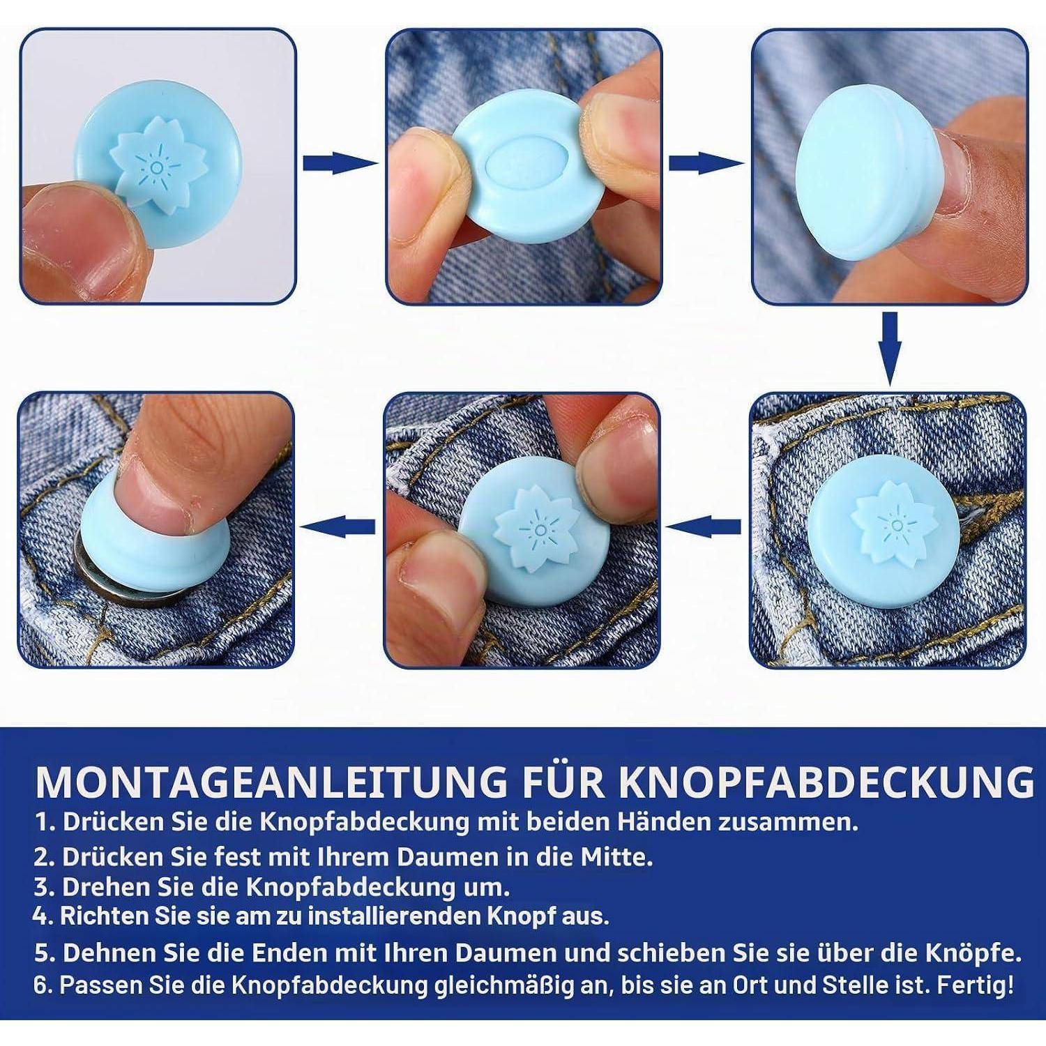 Bebilderte deutsche Anleitung zeigt Schritt für Schritt mit Pfeilen, wie man eine blaue Knopfabdeckung an einem Jeansknopf befestigt.