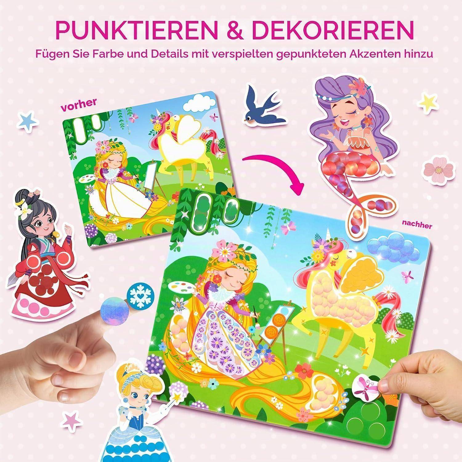 Deutsche Handwerksanzeige zeigt eine Vorher-Nachher-Dekoration mit Punkten: Ein Prinzessinnenbild wird mit bunten Punkt-Akzenten verschönert, mit einem geschwungenen Pfeil, der die Umwandlung anzeigt.