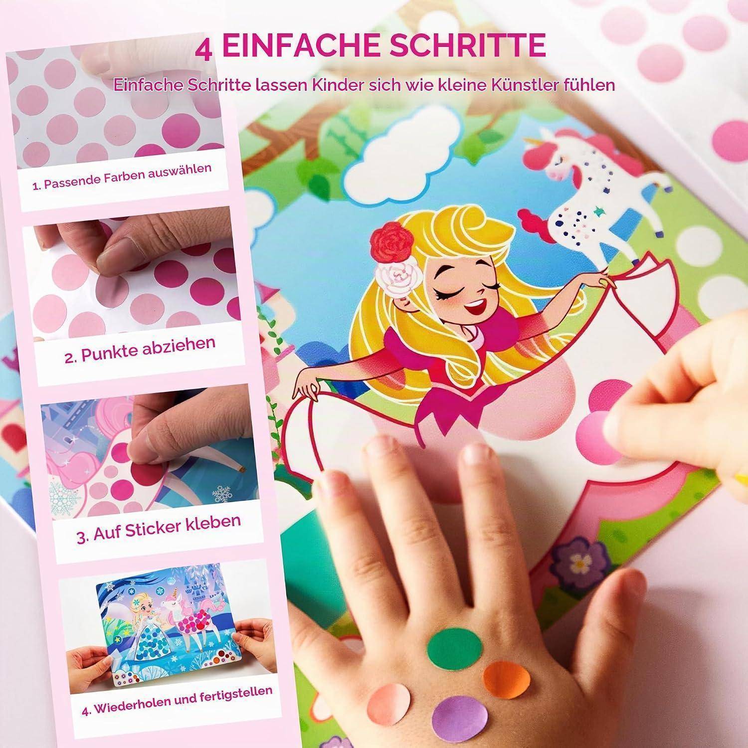 Anleitung mit 4 Schritten zum Erstellen eines Aufkleber-Bastelprojekts: Farben auswählen, Punkte abziehen, auf die Oberfläche kleben und wiederholen, bis es fertig ist.