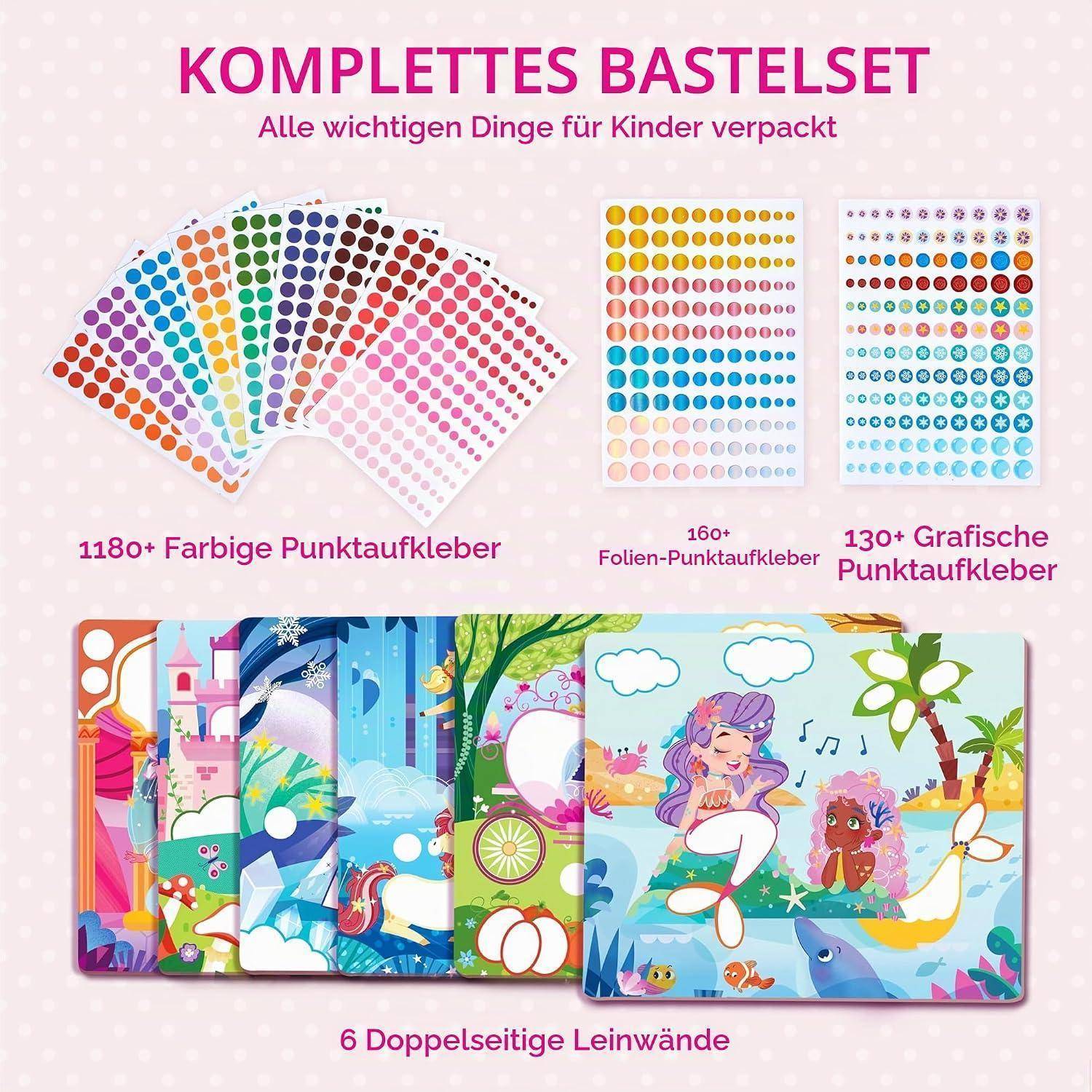Werbegrafikfür ein Kinder-Bastelset mit 1180+ farbigen Punktaufklebern, 160+ Folienaufklebern, 130+ grafischen Aufklebern und 6 doppelseitigen Leinwänden.