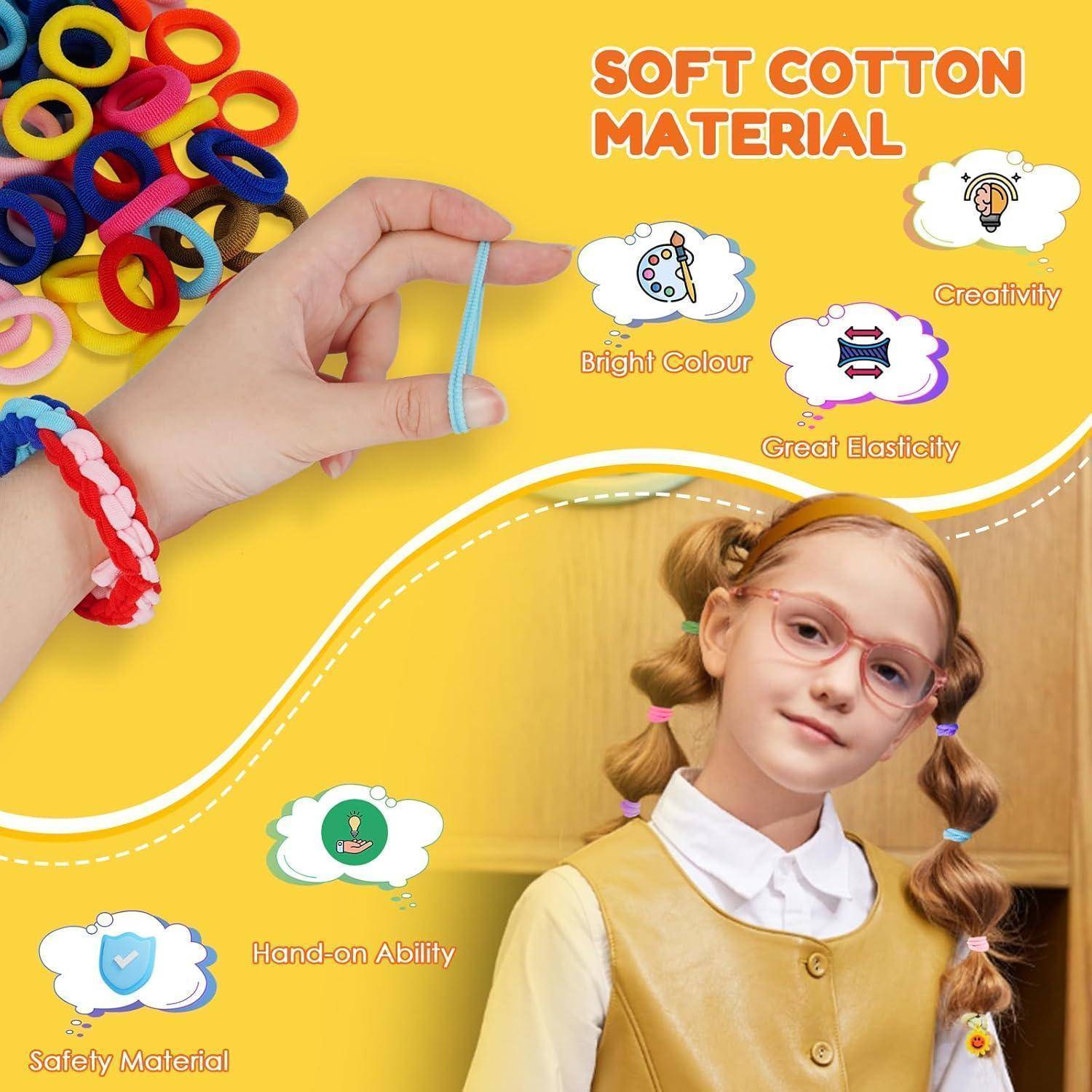 Werbegrafik für weiches Baumwollmaterial mit bunten Gummibändern, die zwischen Fingern gespannt sind, und einem Mädchen mit Zöpfen, mit Beschriftungen für leuchtende Farben, hervorragende Elastizität, Kreativität, praktisches Geschick und sicheres Material.