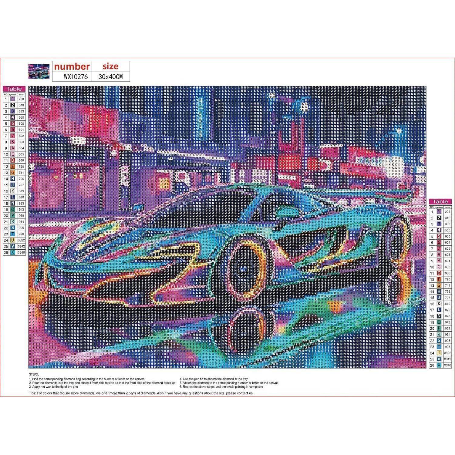 Buntes Mosaikstil-Bild eines Sportwagens in einer neonbeleuchteten Stadtszene, gezeigt mit Diamantmalerei-Farbdiagramm und 'Größenetikett 40x40CM'.