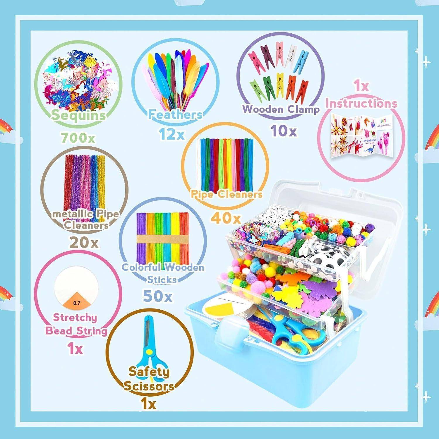 Inhaltsverzeichnis des Bastler-Sets mit Mengenangaben: Pailletten 700x, Federn 12x, Holzklammern 10x, Anleitung 1x, Pfeifenreiniger 40x, bunte Holzstäbchen 50x, metallische Pfeifenreiniger 20x, dehnbares Perlengarn 1x, Sicherheitsschere 1x, mit Aufbewahrungskoffer.