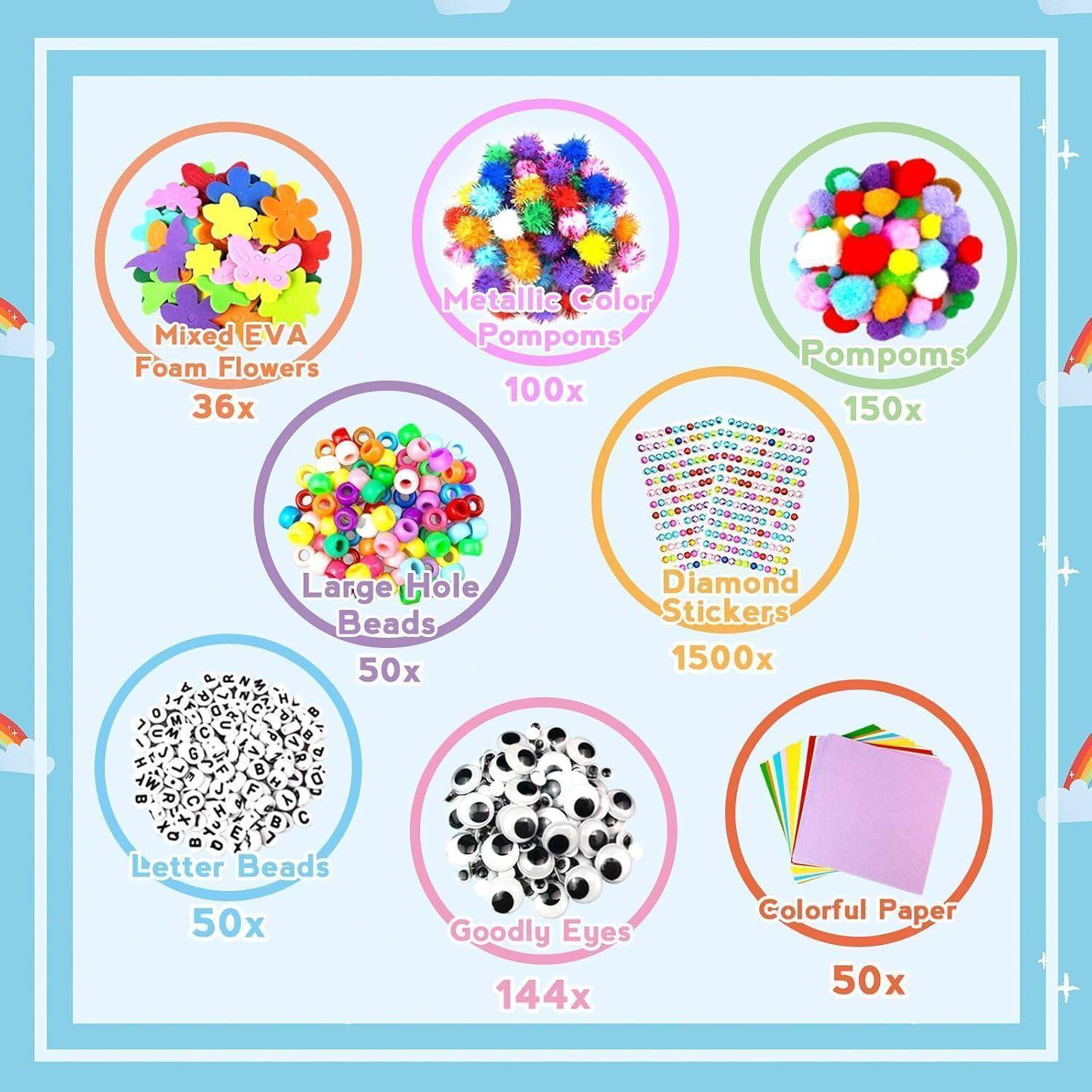 Bastelbedarfs-Collage mit Artikelanzahl: gemischte EVA-Schaumstoffblüten 36x, Metallic-Pompons 100x, Pompons 150x, große Lochperlen 50x, Diamant-Aufkleber 1500x, Buchstabenperlen 50x, Wackelaugen 144x und buntes Papier 50x.