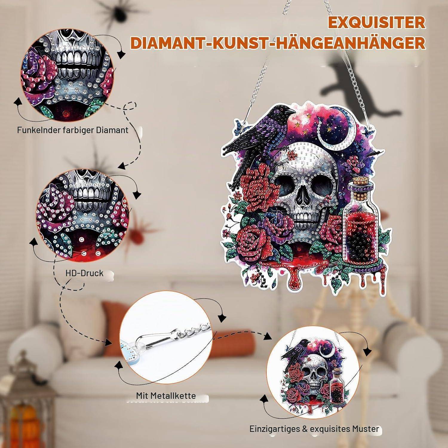 Lxmsja Halloween Diamond Painting Anhänger Totenkopf, 5D Gothic Diamond Painting Fensterbilder Beidseitig für Erwachsene Kinder, Bastelset Kreativ