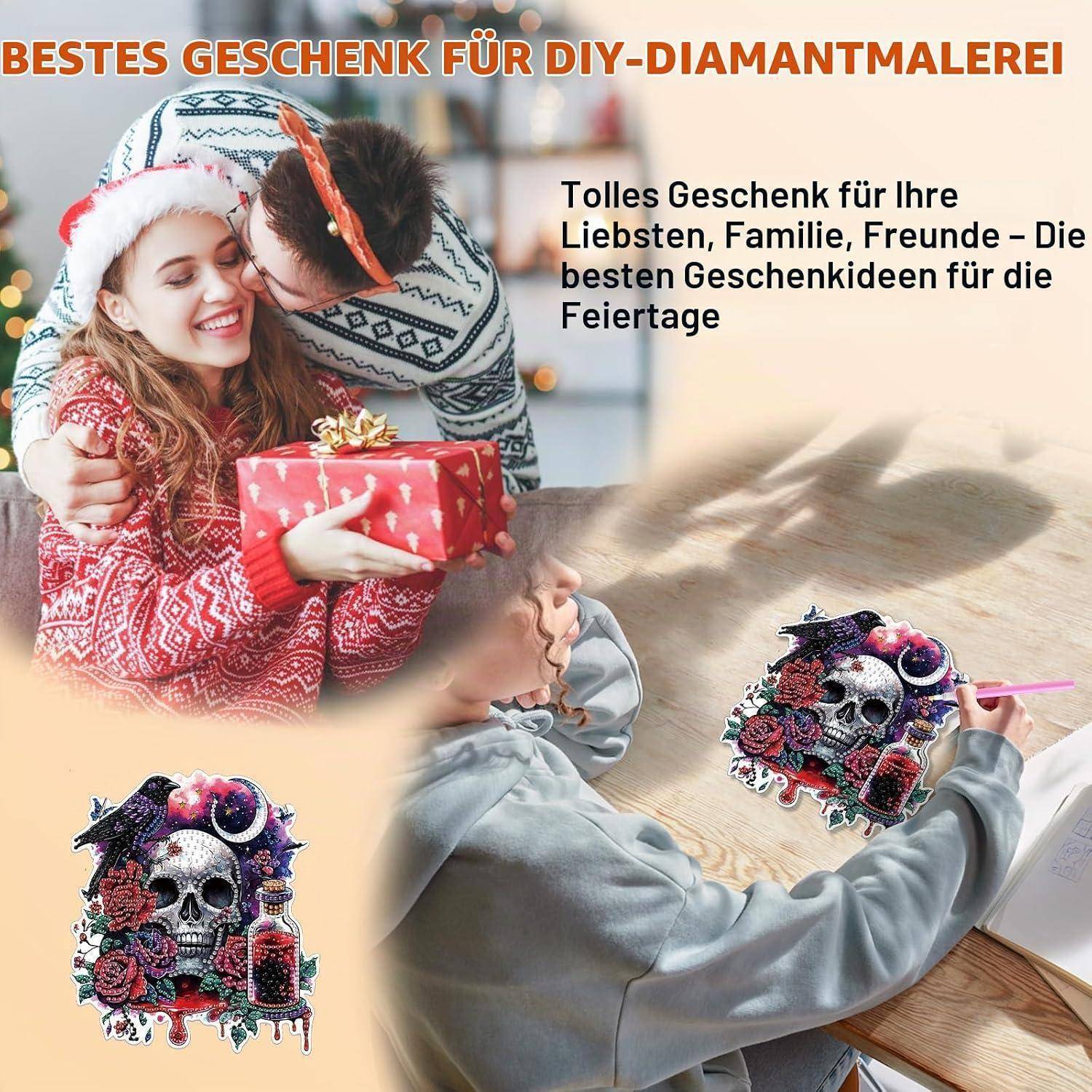 Lxmsja Halloween Diamond Painting Anhänger Totenkopf, 5D Gothic Diamond Painting Fensterbilder Beidseitig für Erwachsene Kinder, Bastelset Kreativ