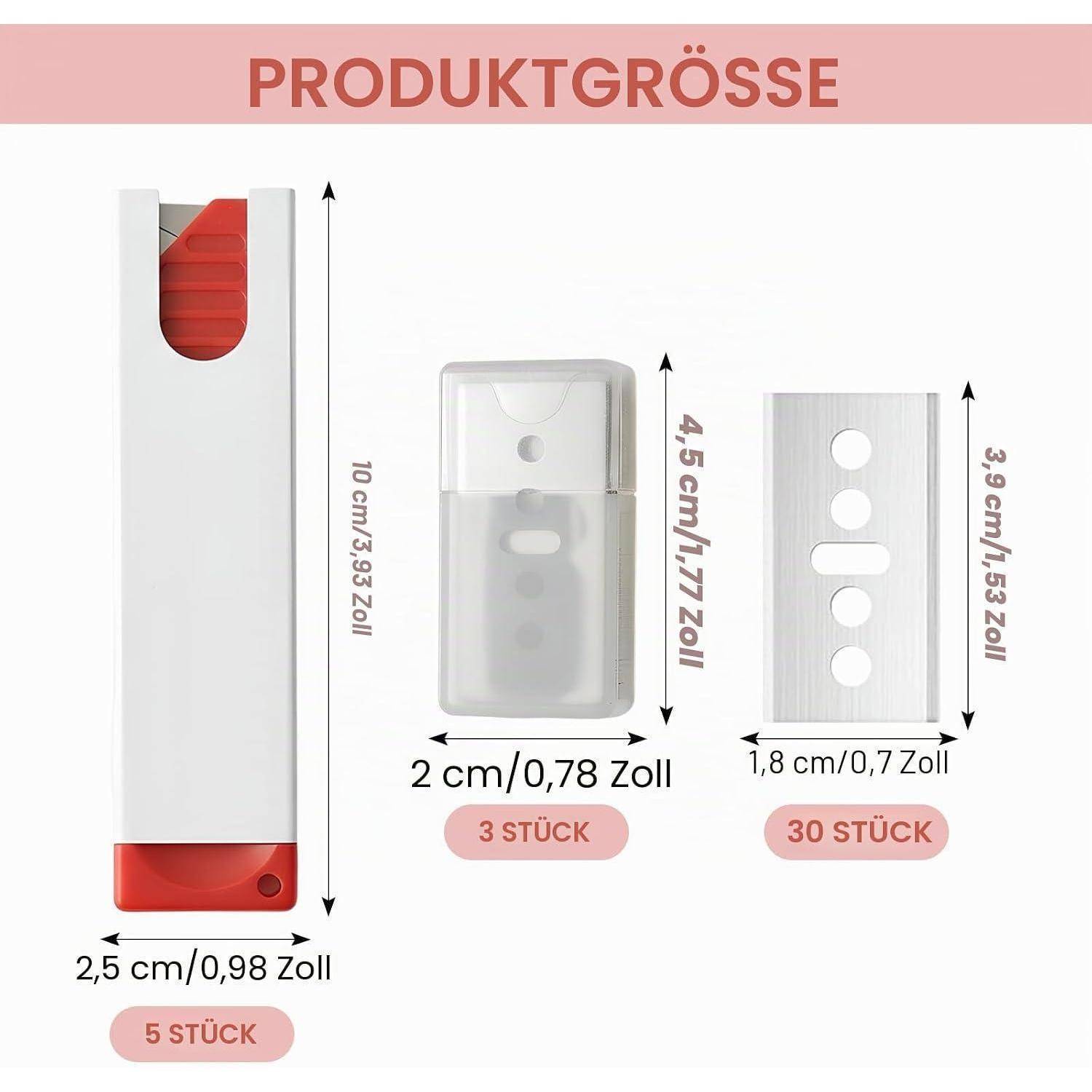 Größentabelle für Produkte mit drei Kunststoffteilen: 10 cm langes Teil, 4,5 cm hohes Teil und 3,9 cm hohe Platte, gekennzeichnet mit 5, 3 und 30 Stück