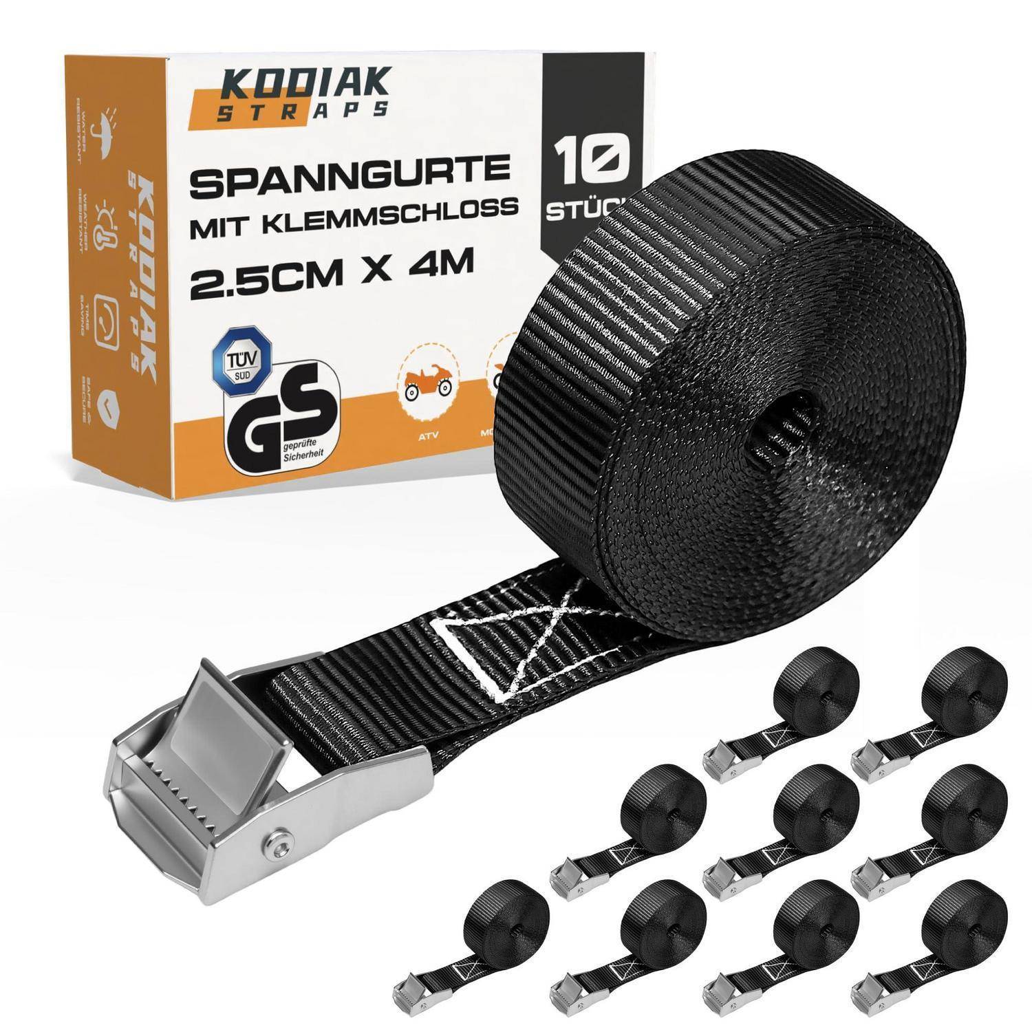 Produktbild von KODIAK STRAPS Ratschenschnallen-Spanngurte, 2,5 cm x 4 m, 10 Stück, zeigt eine Rolle, metallische Ratschenschnalle und gebündelte Gurte mit Verpackungsbox.