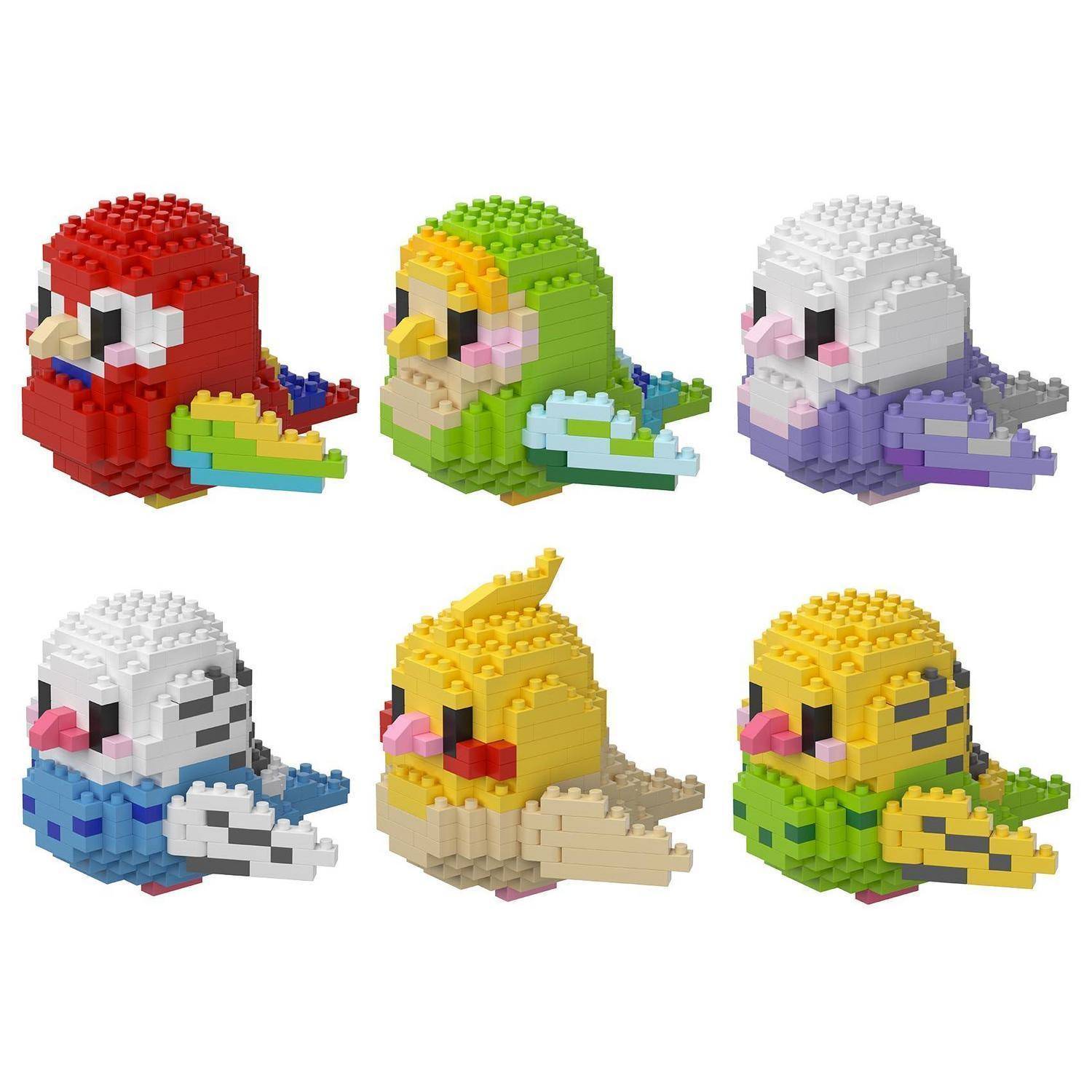 Sechs Pixel-Art-Blockvogel-Figuren in verschiedenen Farbschemata, angeordnet in einem 2x3-Gitter auf weißem Hintergrund.