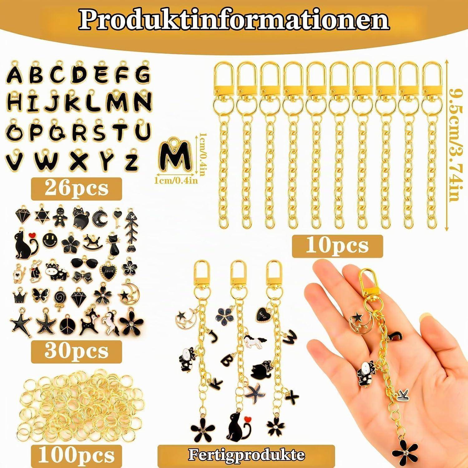 Produktinformationsbild für vergoldete Taschenanhänger und Schlüsselanhänger: Buchstaben-Charms, 10 Kettenbänder, 30 dekorative Anhänger und 100 Sprungring, mit Größenetikett.