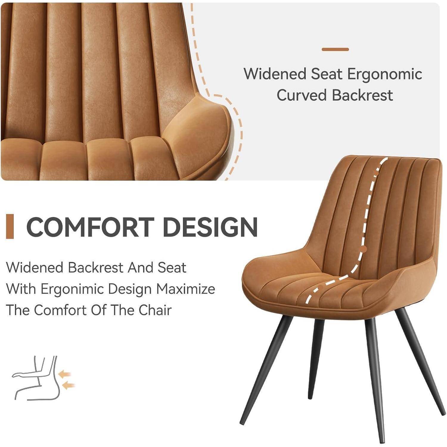 Werbebild eines braun gepolsterten Stuhls, das das komfortable Design hervorhebt, mit verbreiterter geschwungener Rückenlehne und Sitzfläche, mit Text, der ergonomische Unterstützung und maximalen Komfort angibt.