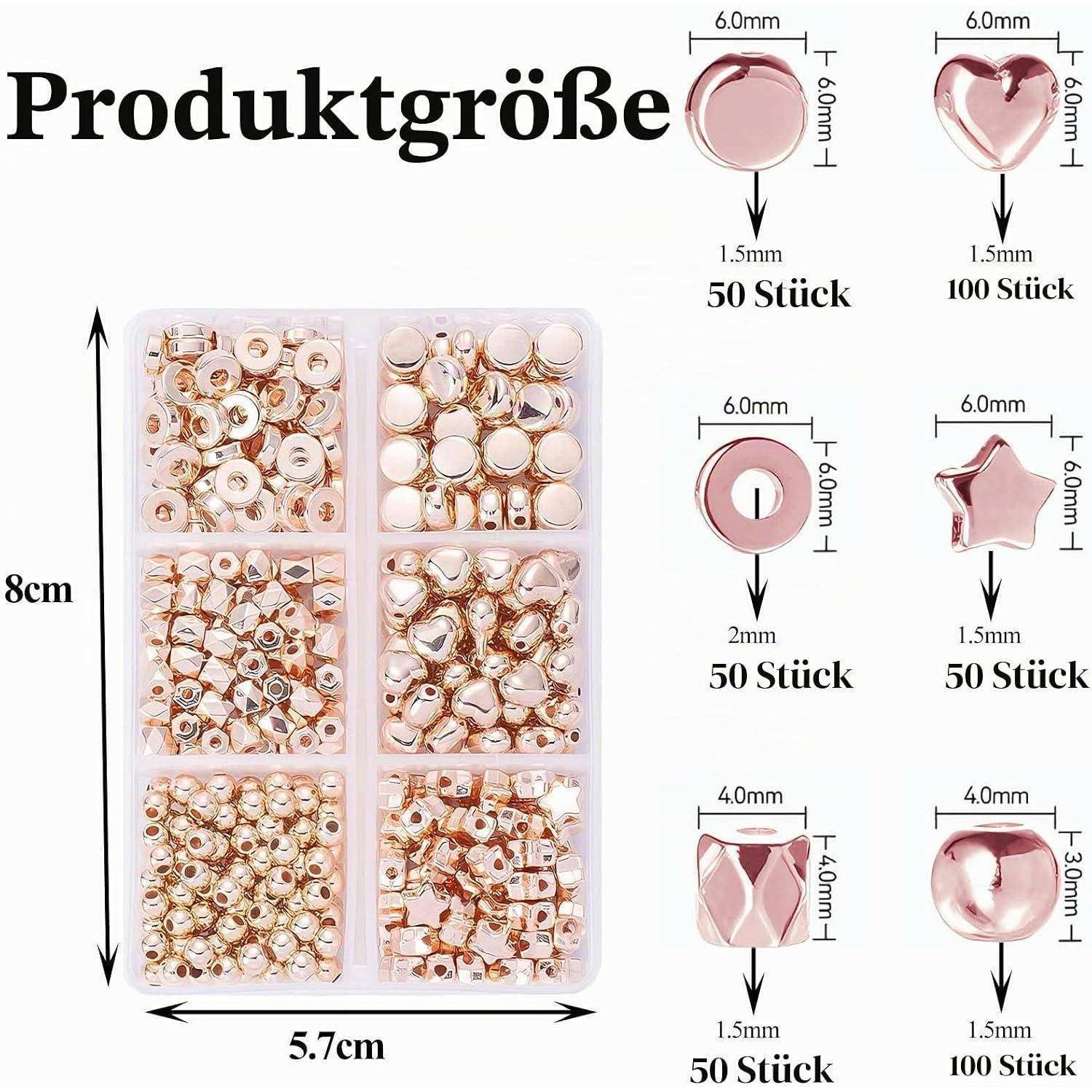 Diagramm zeigt Produktgrößen für rosegoldfarbene Perlen und Charms mit einer Hauptgröße von 6,0 x 6,0 mm, 5,7 x 8 cm Gehäuse und Mengen wie '50 Stück' und '100 Stück' für jeden Typ.