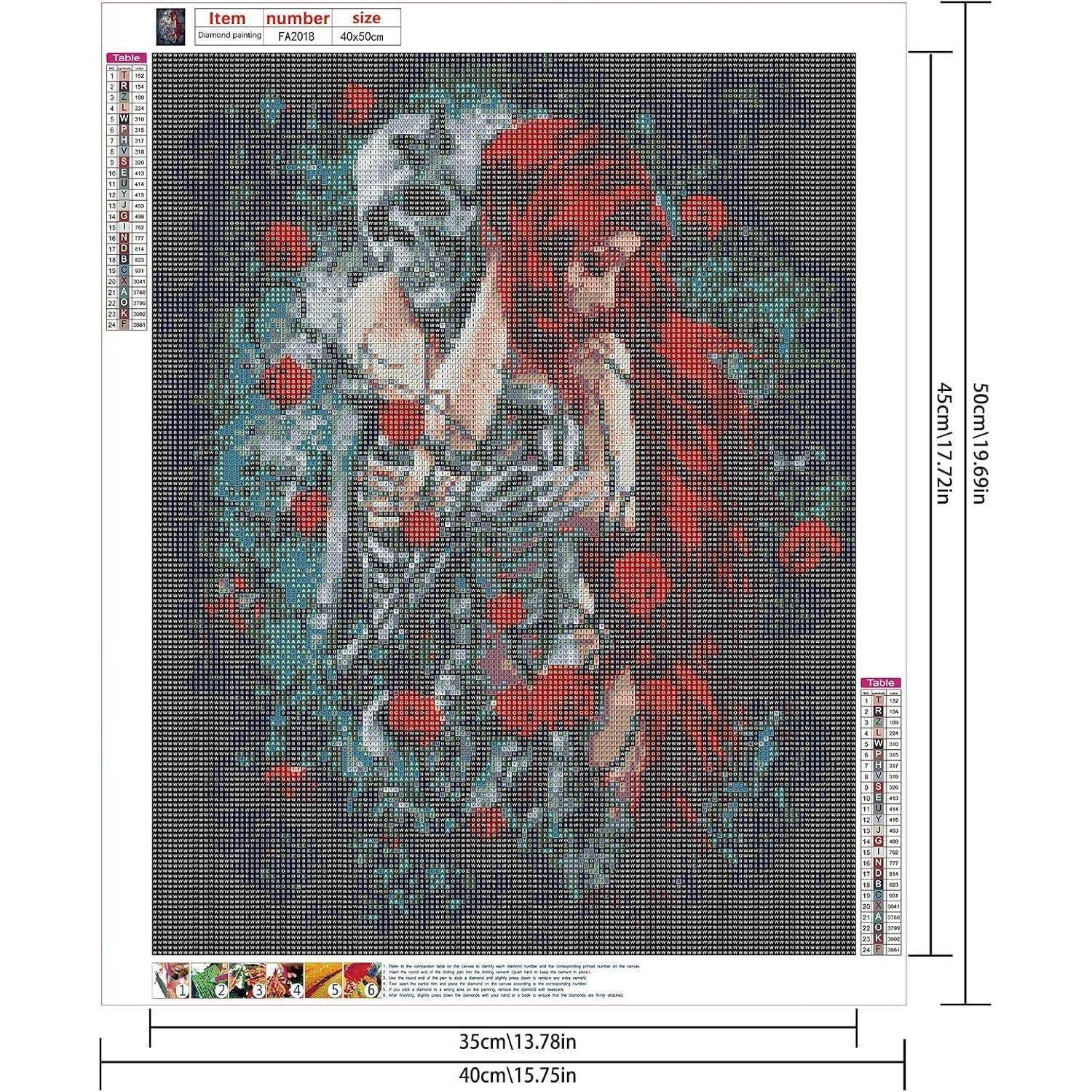 Diamantmalerei-Muster mit zwei Schädel-Gesichtern, eines blass und eines rot, umgeben von roten Rosen; Größe vermerkt als 40x50 cm.