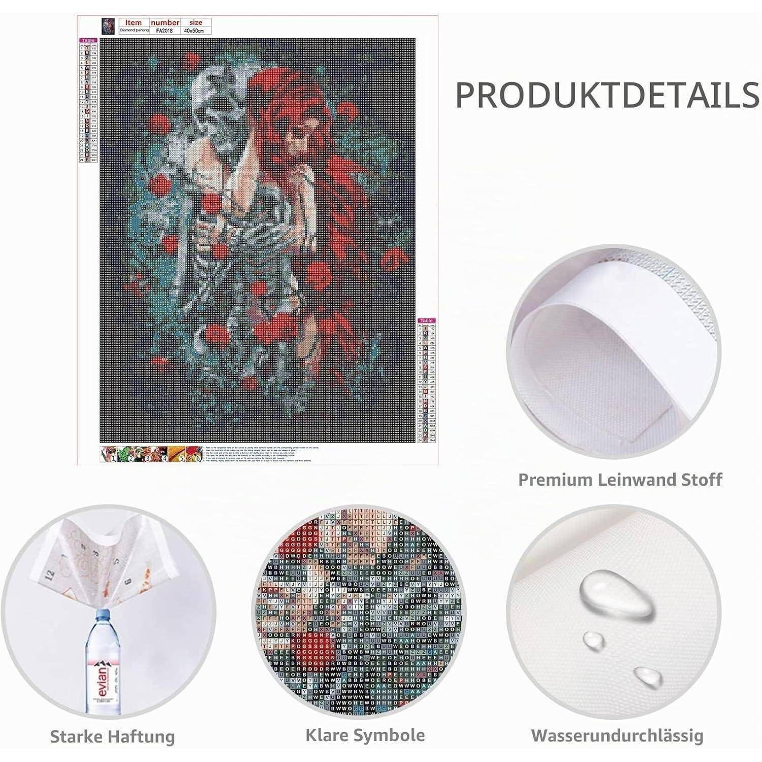 Produktdetails-Grafik zeigt ein Diamantmalerei-Bild auf Premium-Leinwandstoff mit Nahaufnahmen, die starke Haftung, klare Symbole und Wasserbeständigkeit hervorheben.
