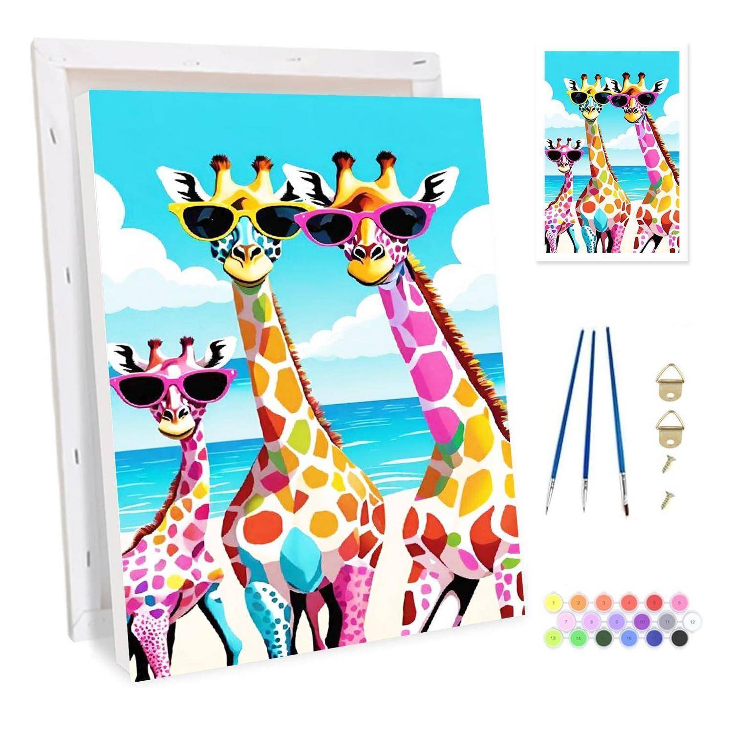 Buntes Leinwand-Kunstset mit drei Giraffen in Sonnenbrillen am Strand, mit enthaltenem Miniprint, Pinseln, Wandaufhängern und Farbdosen.