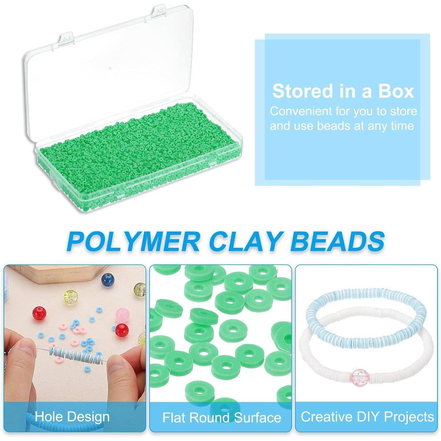 Werbegrafik für Polymer-Ton-Perlen mit einer Aufbewahrungsbox und Beispielen für Lochdesign, flache runde Oberfläche und DIY-Armband-Projekte.