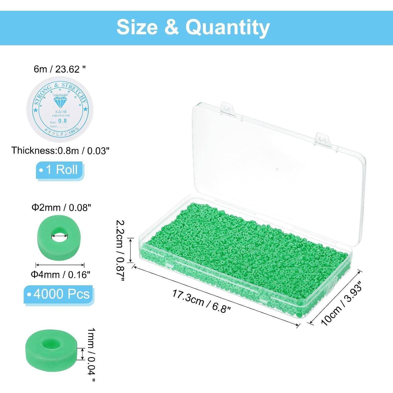 Größen- und Mengendiagramm für grüne flache Perlen: 1 Rolle mit 4.000 Stück, Perlenform 2 mm x 4 mm, Dicke 0,8 mm, Kastengröße 17,3 cm x 10 cm x 2,2 cm.