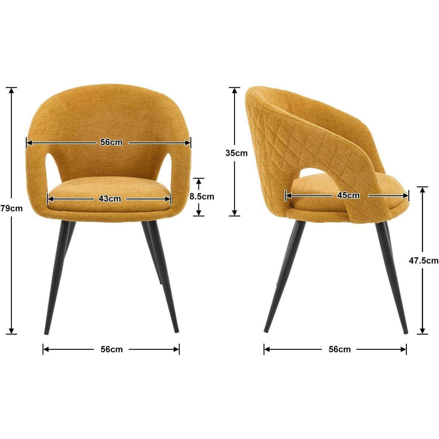 Produktdiagramm mit einer senfgelb gepolsterten Stühlen in Frontal- und Seitenansicht mit beschrifteten Abmessungen: 79cm Höhe, 56cm Breite, 43cm Sitzbreite, 45cm Sitztiefe, 35cm Rückenhöhe, 47,5cm Beinhöhe und 8,5cm Sitzhöhe.
