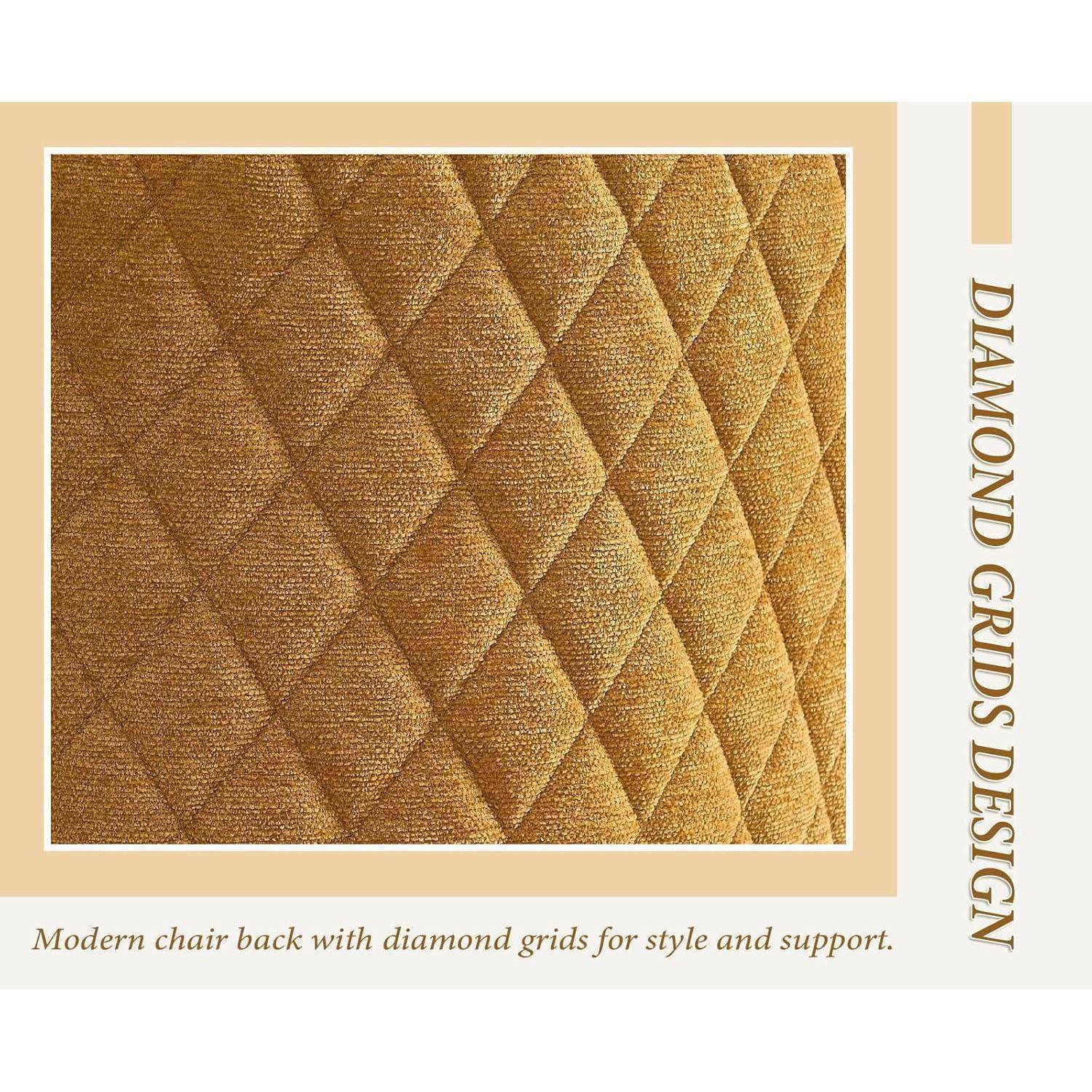 Nahaufnahme einer goldenen gesteppten Stuhllehne mit Rauten-Steppung; Text liest "DIAMOND GRIDS DESIGN"" und ""Moderne Stuhllehne mit Rauten-Steppung für Stil und Unterstützung."