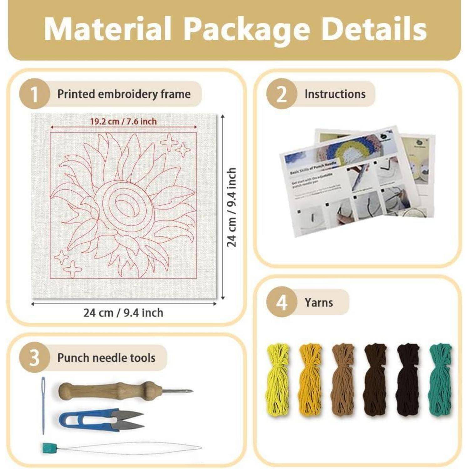 Materialpaketdetails für ein Punch-Needle-Stickerei-Set: bedruckter Stickrahmen, Anleitung, Punch-Needle-Werkzeuge und mehrere Garnfarben.