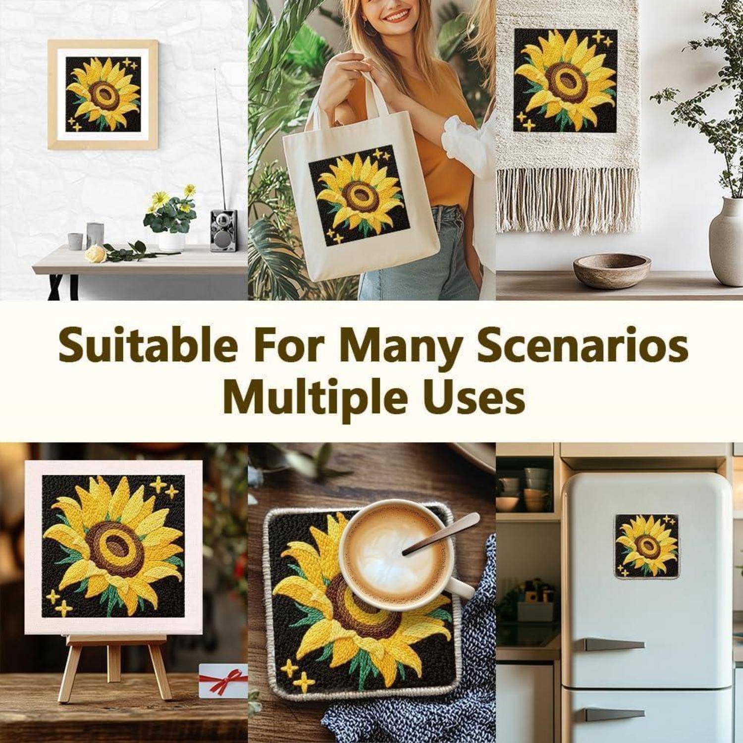 Collage mit sonnenblumenbezogener quadratischer Kunst, die in mehreren Umgebungen verwendet wird: gerahmte Wanddekoration, Tragetasche, hängende Wandbehang, Untersetzer und Kühlschrankmagnet.