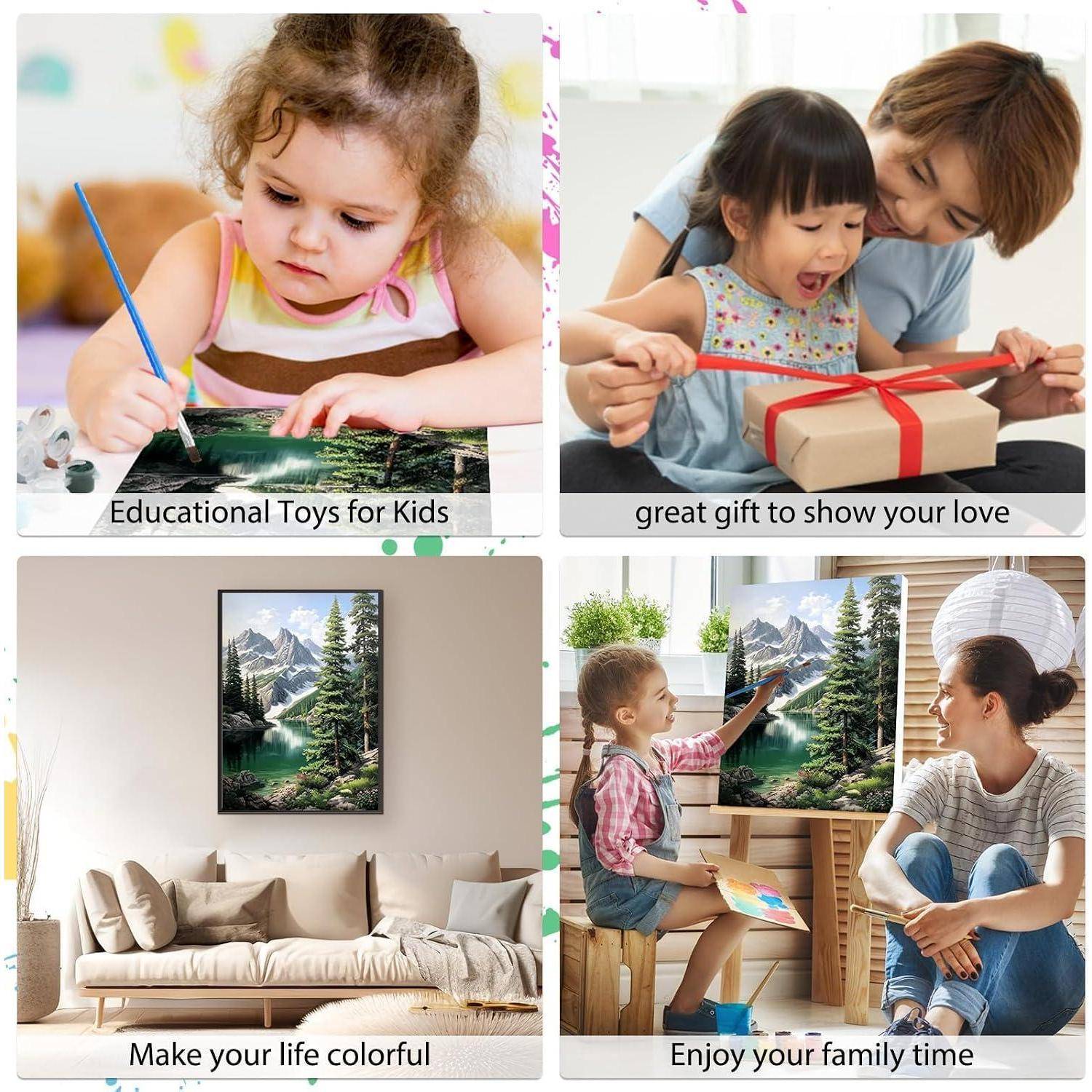 Collage aus Familie- und Kunstszenen mit Bildunterschriften: „Lernspielzeug für Kinder", „ein großartiges Geschenk, um deine Liebe zu zeigen"", „Mach dein Leben farbig"", „Genieße deine Familienzeit"".