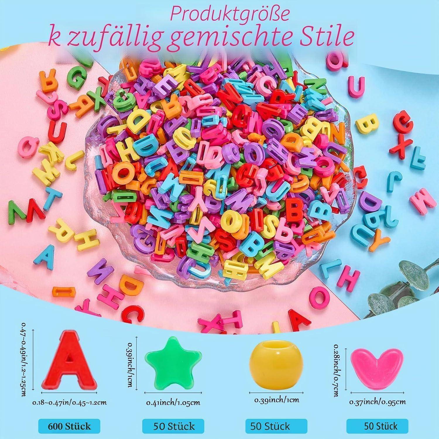 Produktgröße dargestellt mit zufällig gemischten bunten Buchstaben des Alphabets in einer Schüssel, plus Symbole, die Mengen anzeigen: A 600 Stück, Stern 50, gelber Ball 50, rosa Herz 50.