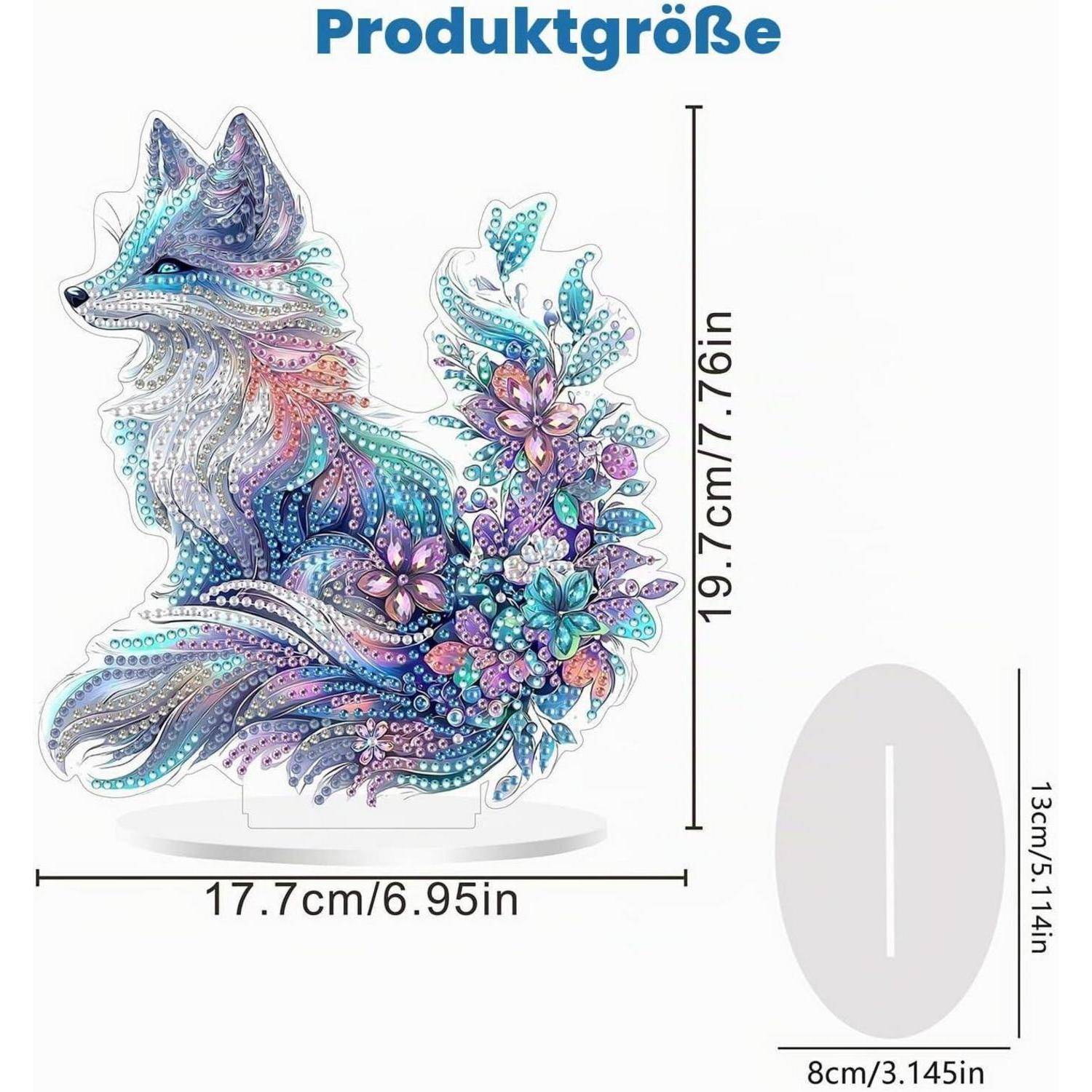 Produktgrößendiagramm mit einer dekorativen Fuchssilhouette mit Blütendetail, Höhe 19,7 cm und Breite 17,7 cm; ovale Basis misst 13 cm x 8 cm.